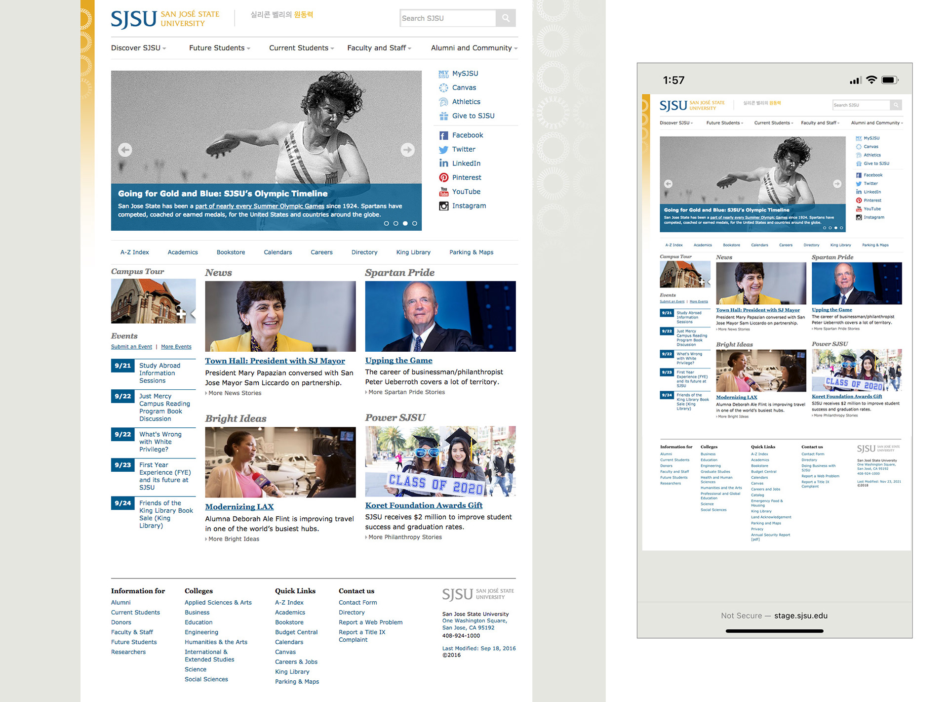A desktop and mobile display of an outdated SJSU homepage.