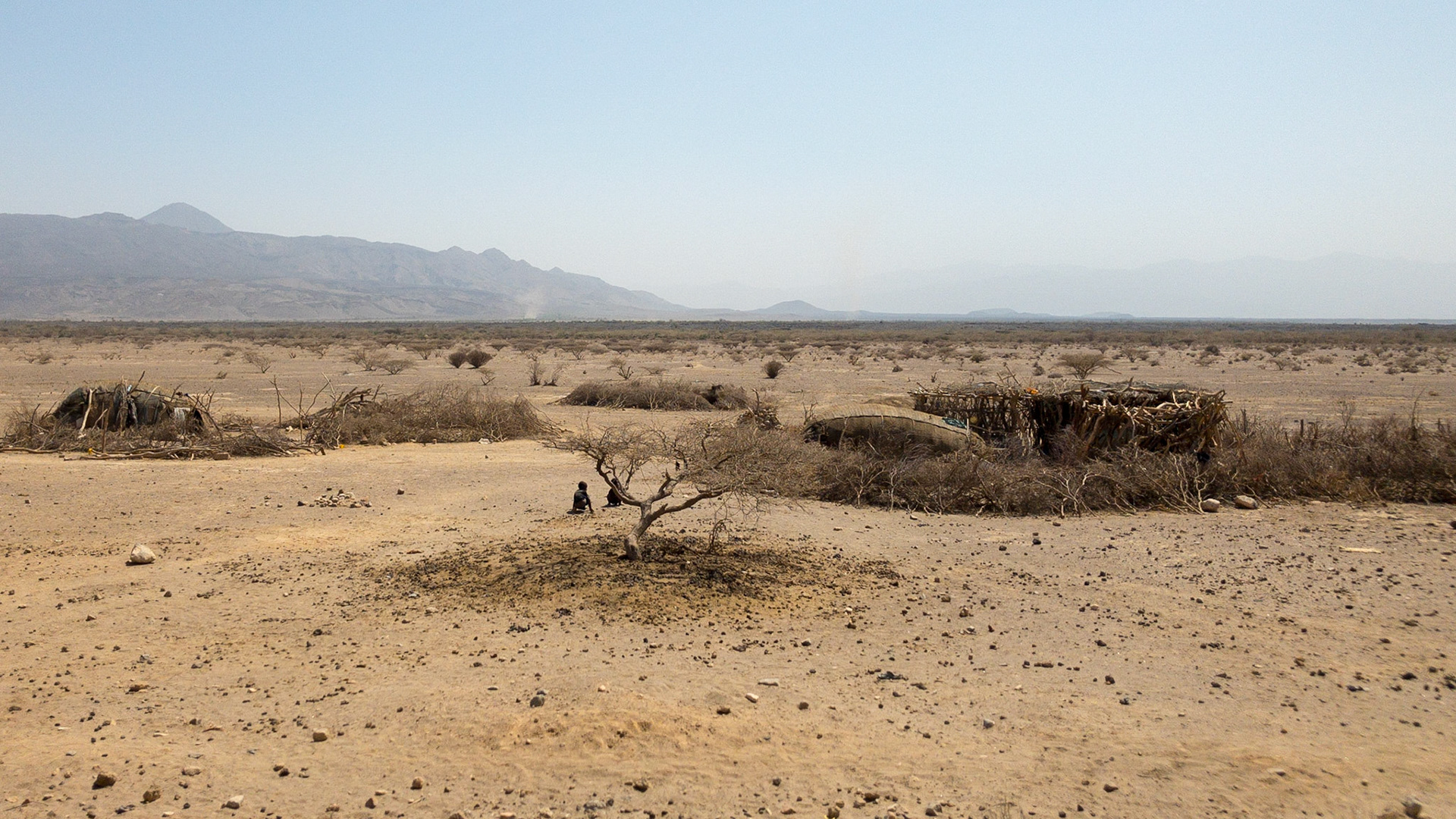A person sits beside a low scrubby tree barren of leaves in front of a rough-made hut in the Danakil Desert, in Ethiopia's Danakil Depression, the hottest, driest, most inhospitable place on Earth.