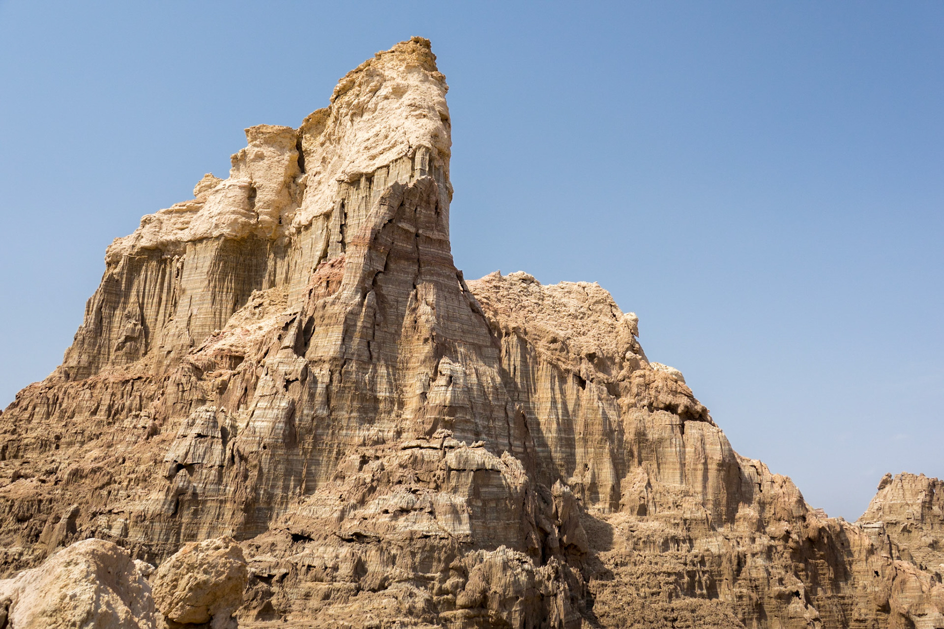 Layers of salt tens of metres thick have been eroded into these mountains of salt in the Danakil Depression, Ethiopia, the hottest, driest, most inhospitable place on Earth.