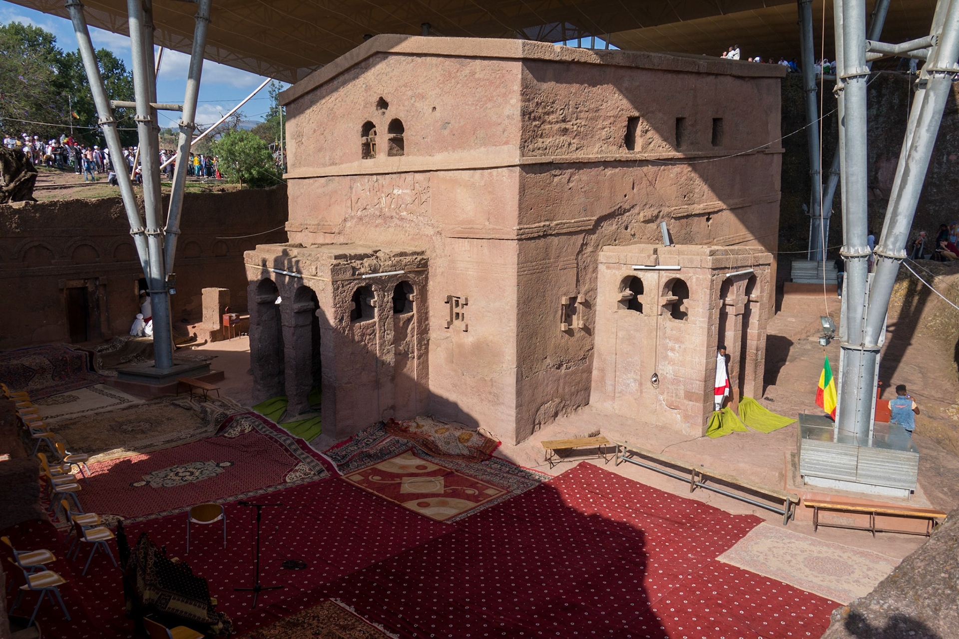 The exterior of Biete Maryam, Lalibela, Ethiopia is covered by a large tent-like structure to protect it from further weathering.