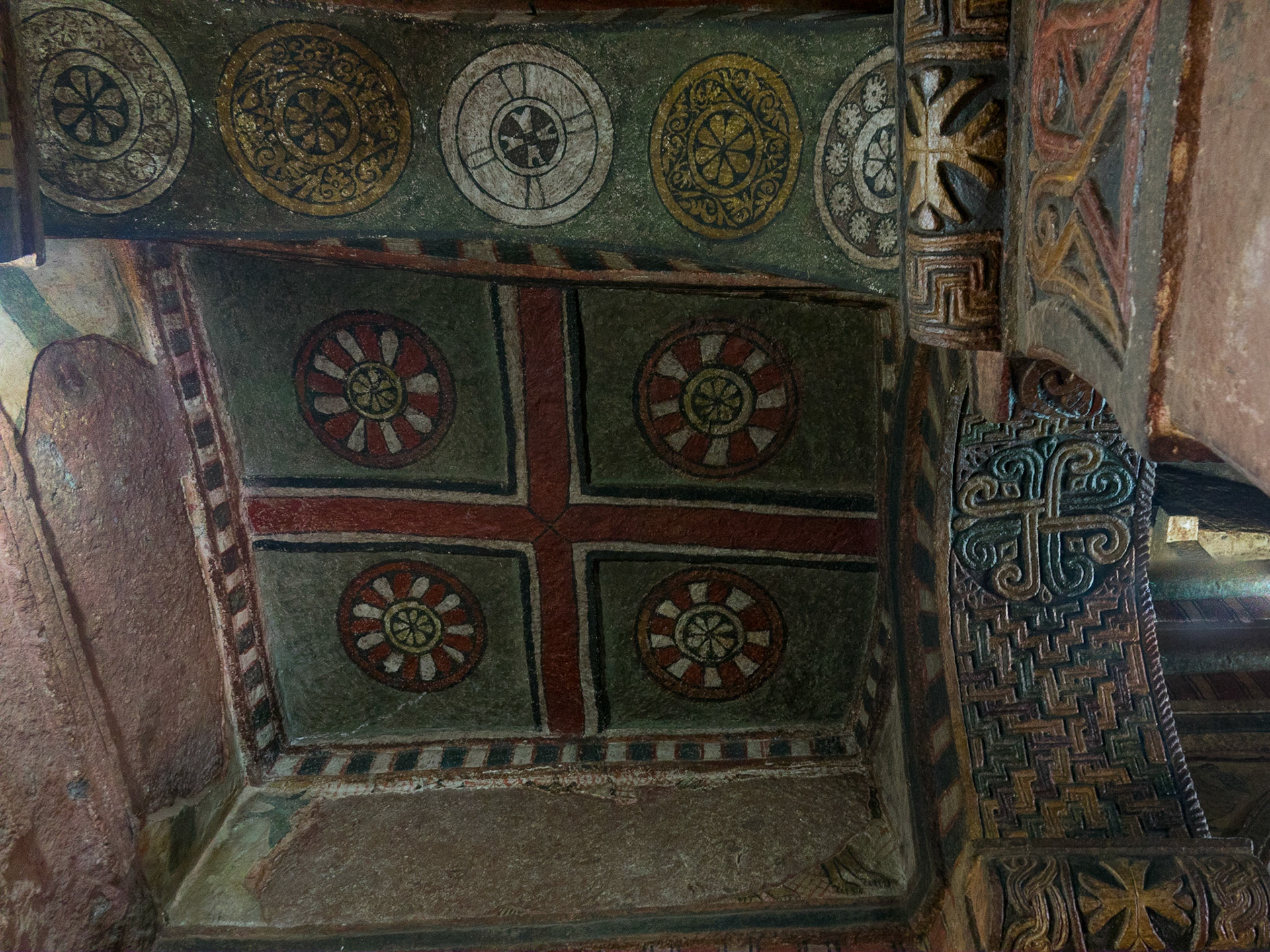Painted ceiling details inside Biete Maryam, Lalibela, Ethiopia