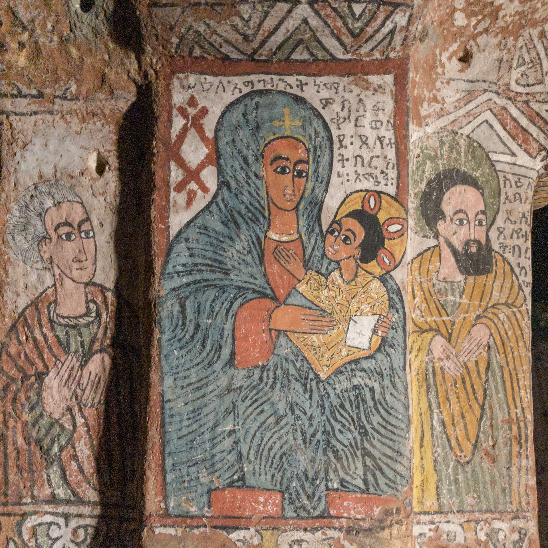 A colourful wall frescoe of Mary and the Infant Jesus in Abuna Yemata Guh monlithic rock-hewn church, Tigray, Ethiopia