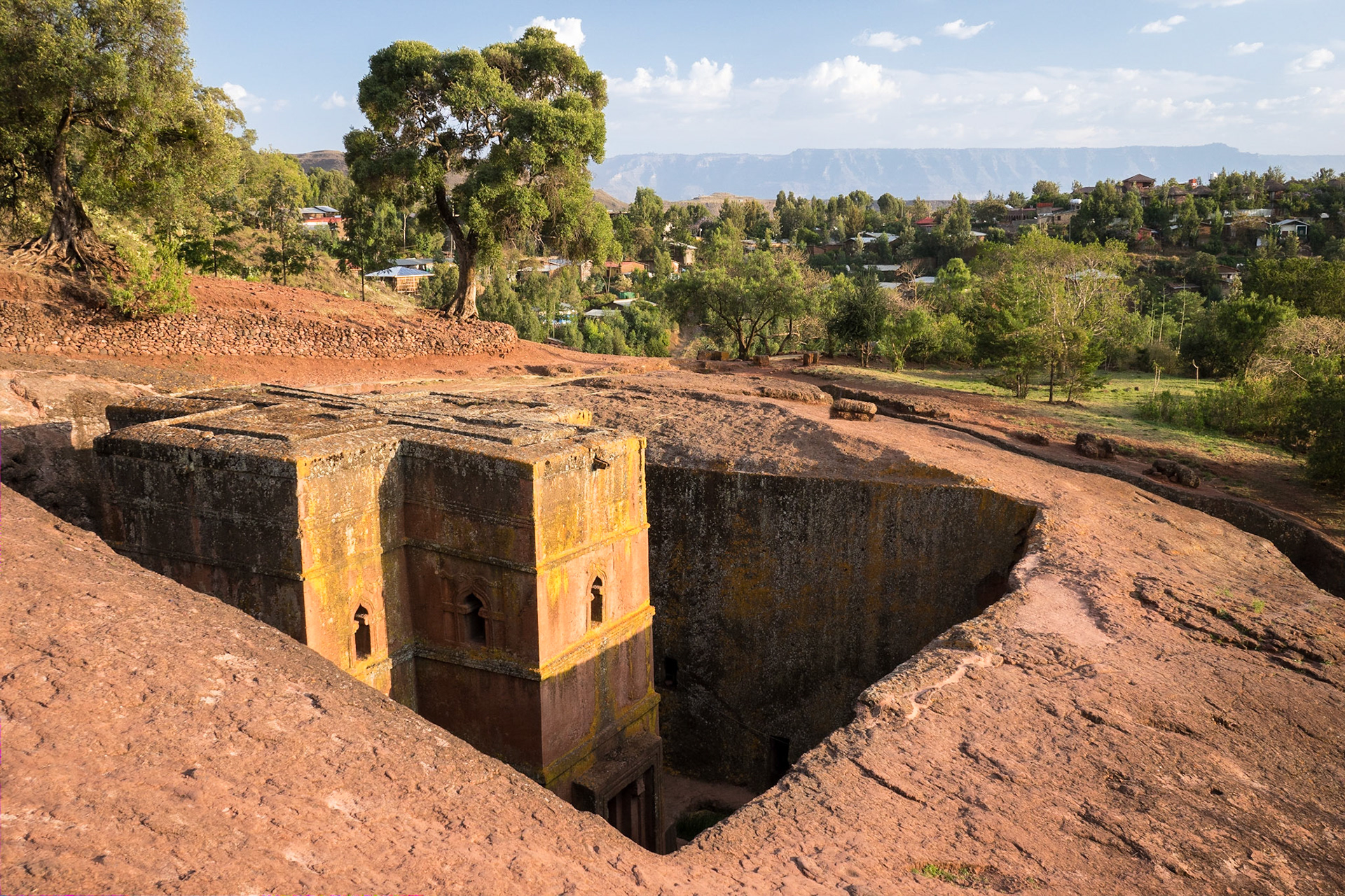 The rock-hewn church of Biete St. Giyorges in the evening light of Lalibela, Ethiopia