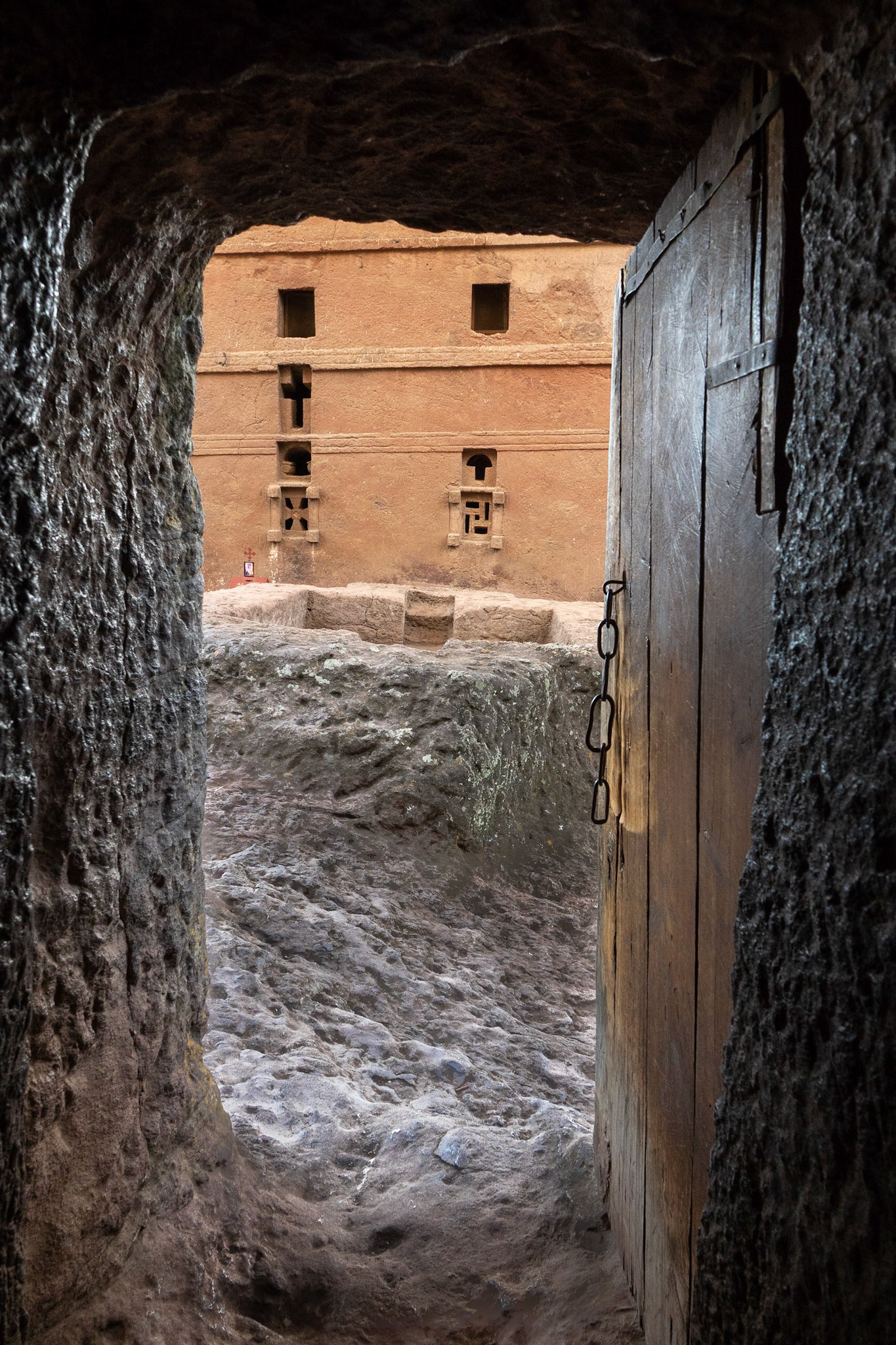 This rock-hewn portal leads from Biete Medhane Alem to Biete Maryam, Lalibela, Ethiopia