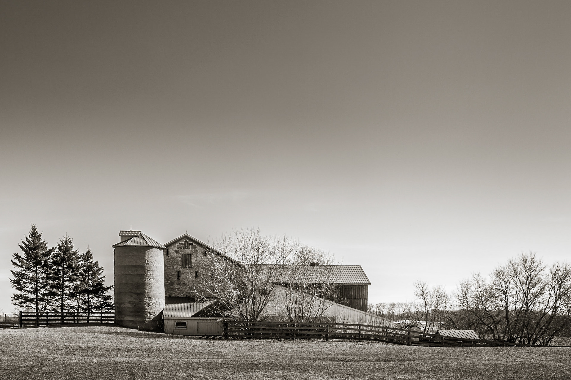 A barn, silo and outbuildings stand against the clear, stark sky of spring.