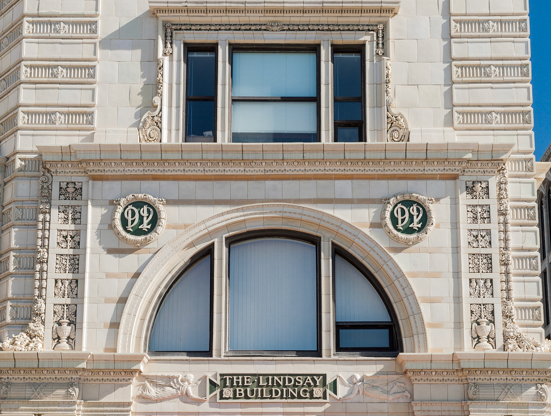 Ornate sculpted stone of the Lindsay Building in The Exchange District, Winnipeg, Manitoba, Canada