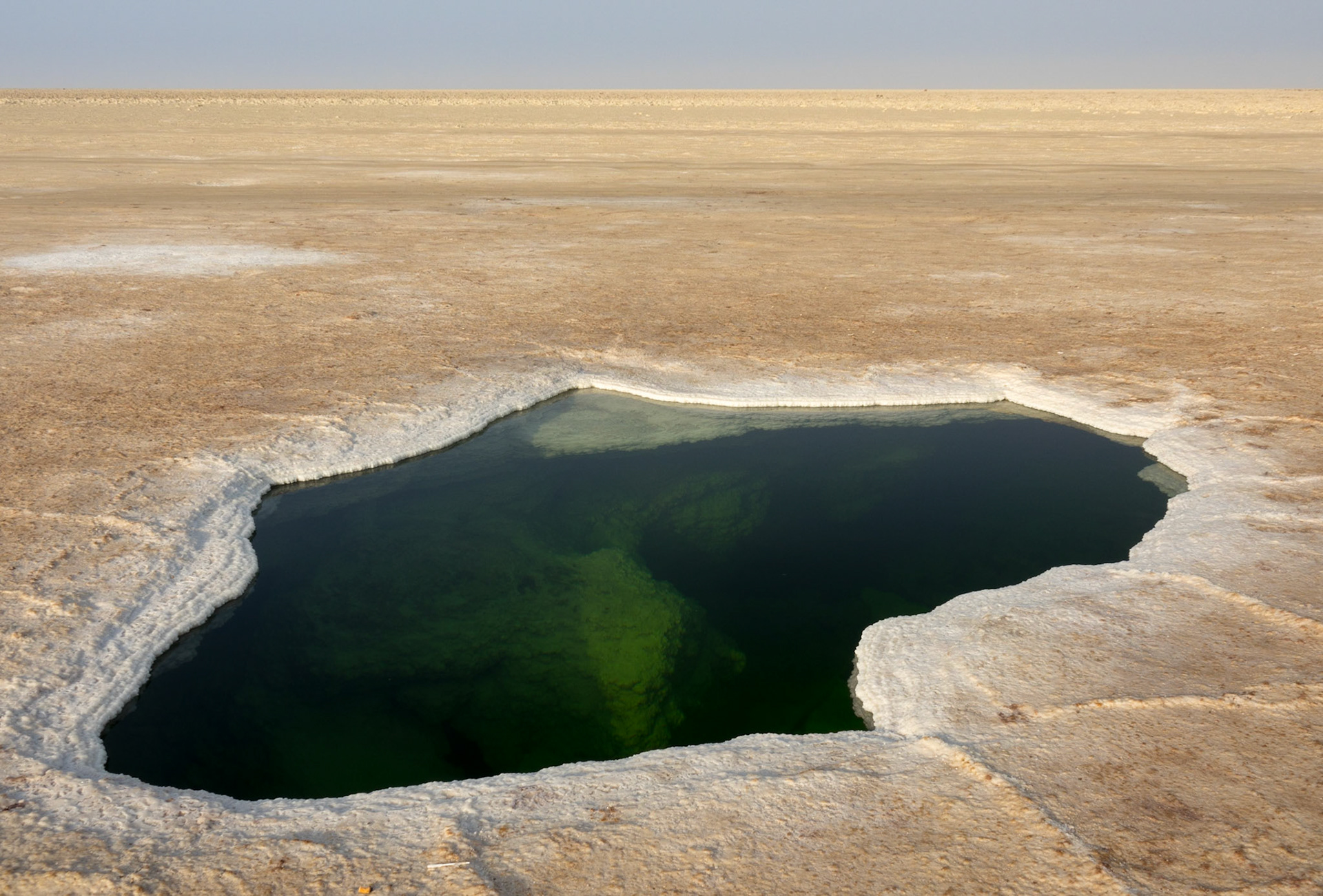 The blue-green salt waters of Lake Asale contrast with the expanse of the surrounding salt pan in Ethiopia's hot and dry Danakil Depression, the most inhospitable place on Earth.,