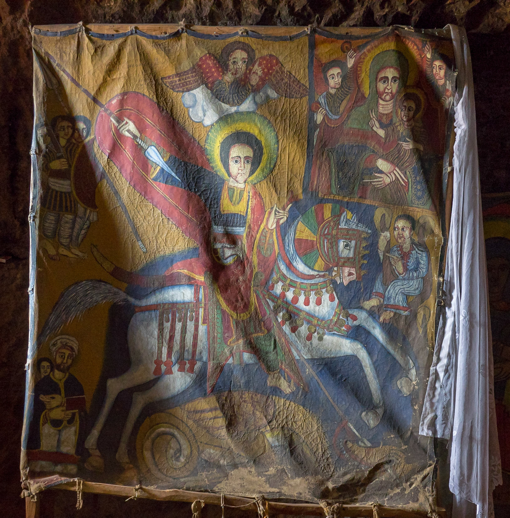 Painted cloth showing St. George slaying the Dragon, Biete Maryam, Lalibela, Ethiopia
