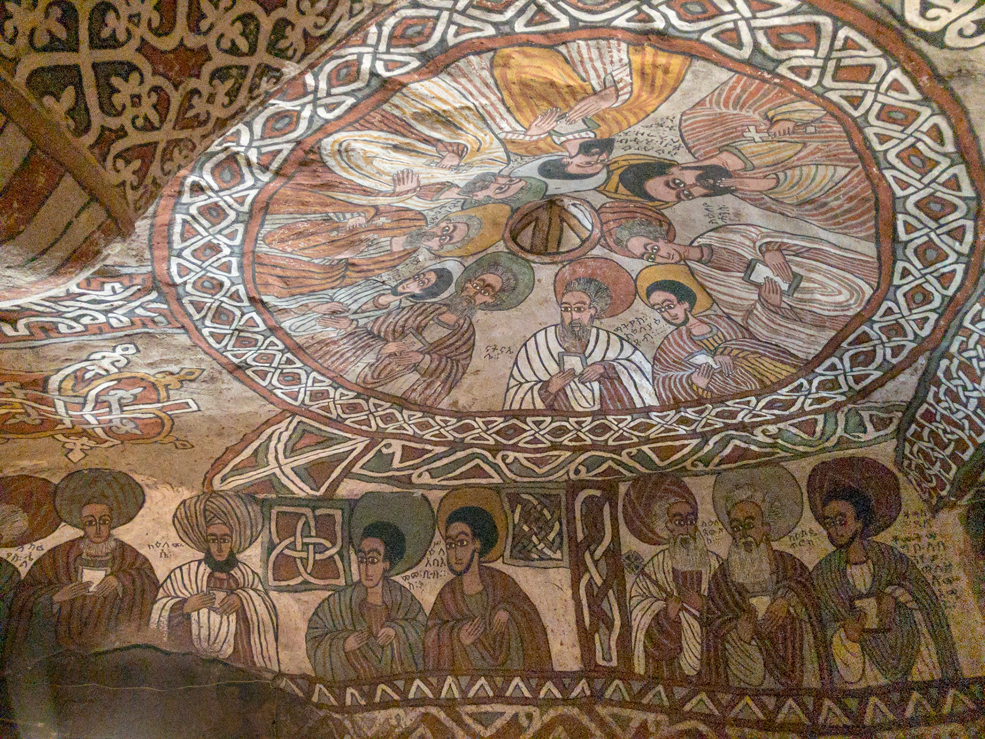 8th century fresoes adorn the walls and ceilings of Abuna Yemata Guh monolithic church, Tigray, Ethiopia