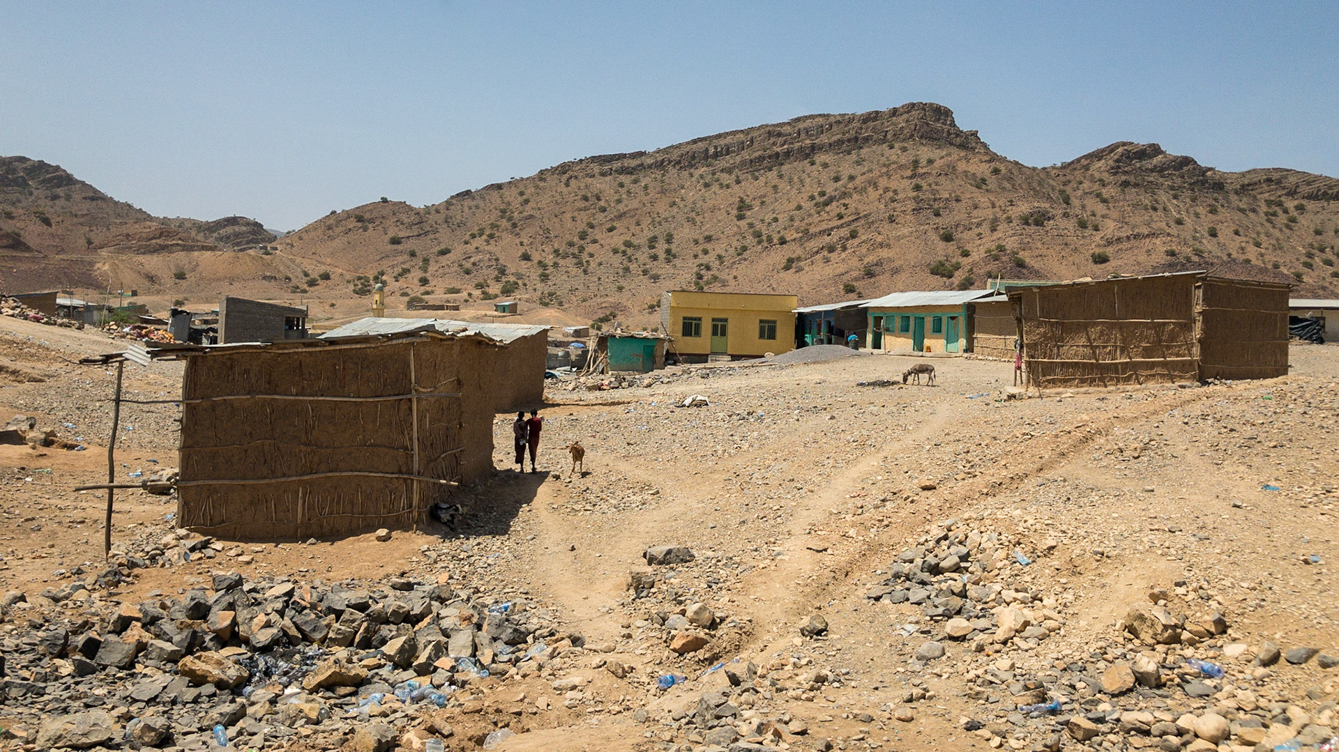 Waddle and daub houses are grouped on a rocky plain with barren hills in the background in Ethipia's Danakil Depression, the hottest, driest, most inhospitable place on Earth.