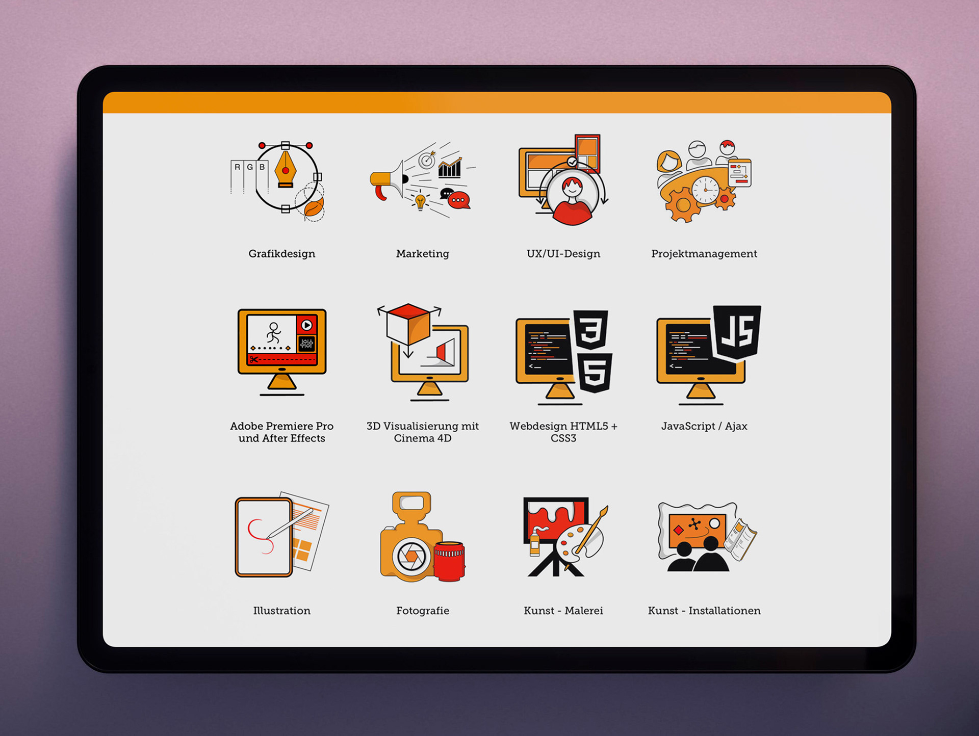 Website mit reduzierten, illustrierten Icons für Design, Programmierung und Kunst in Orangetönen. 