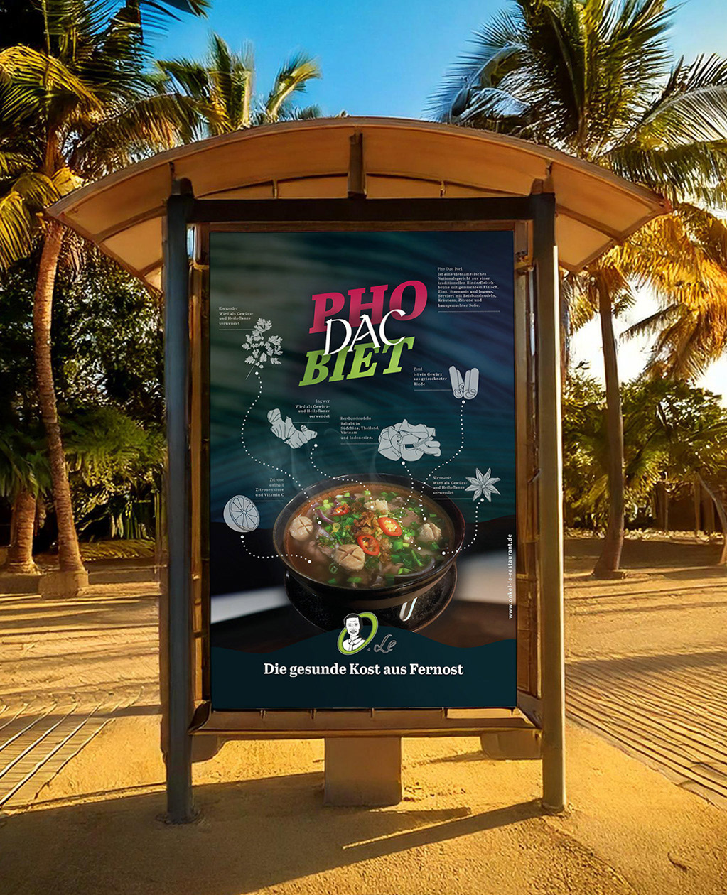 Plakat-Infografik: Restaurant OnkelLe, PHO DAC BIET Nudelsuppe mit Zutaten-Illustrationen. In (AI) Busstation, umgeben von Sand und Palmen.