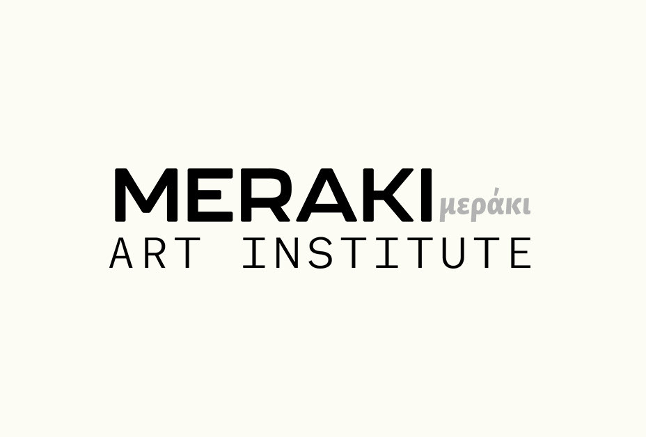 Logo: Wortmarke MERAKI Art Institute, schlichte moderne Schrift in Schwarz, mit 'meraki' auf Griechisch in Hellgrau.