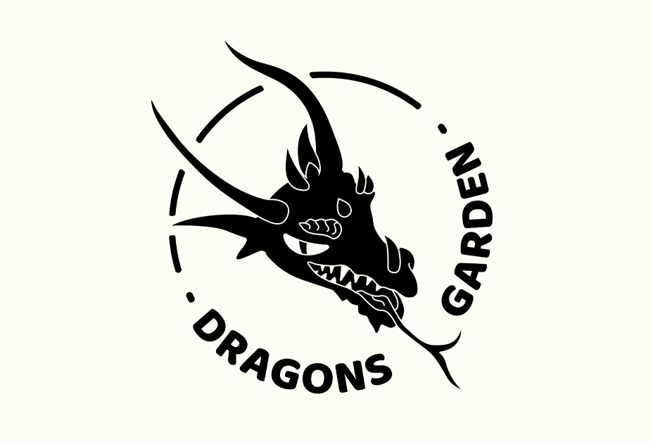 Logo: Wort-Bild-Marke/Emblem DRAGONS GARDEN, mit dem Restaurantnamen im Kreis um einen Drachen in Schwarz.