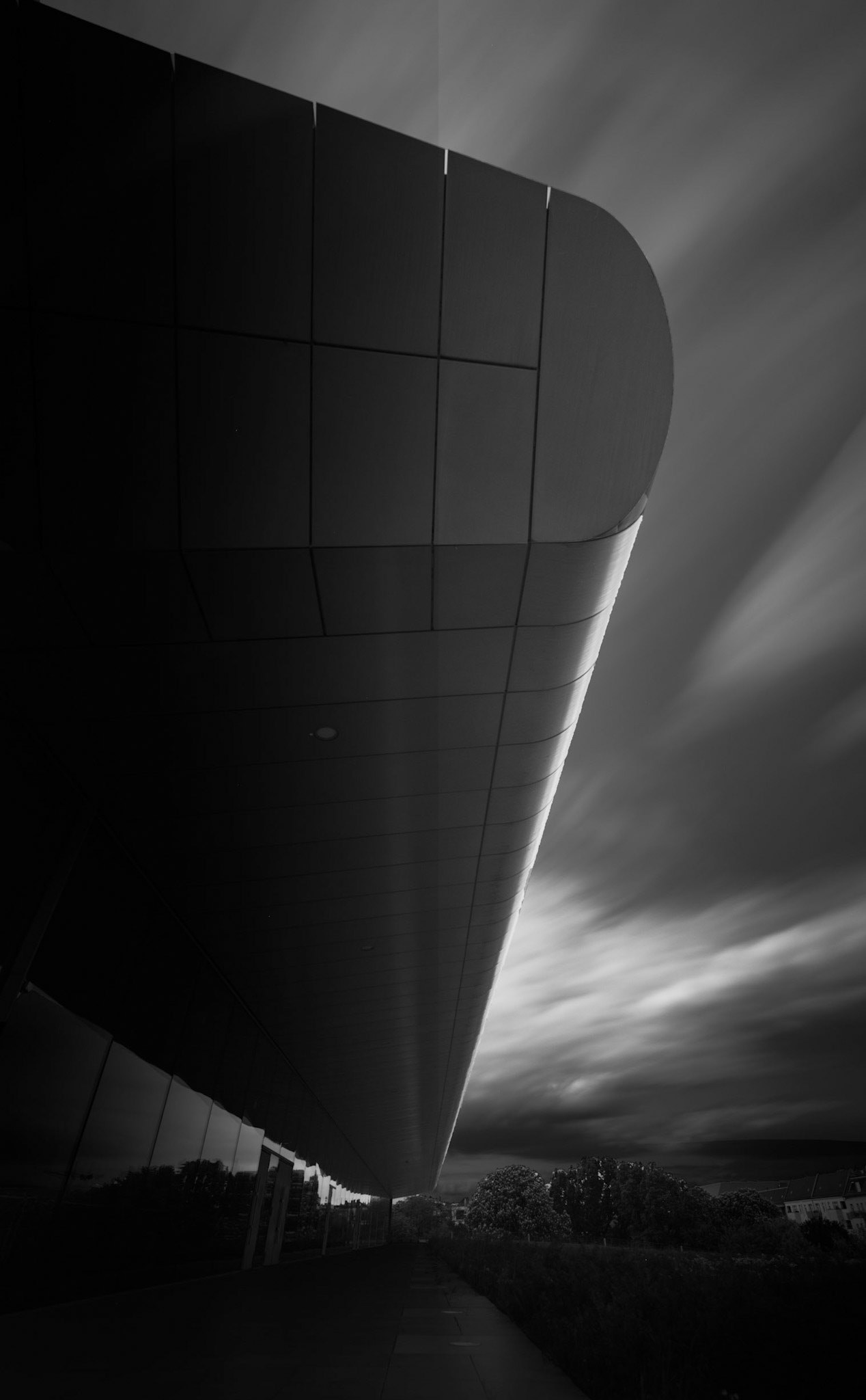 Daylight long exposure shot of Max Schmeling Hall and surroundings, Berlin.