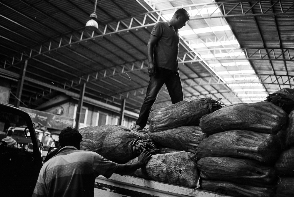 Fresh from the farm to the market - a worker stores vegetables on a truck in Dambulla, Sri Lanka's largest vegetable market.