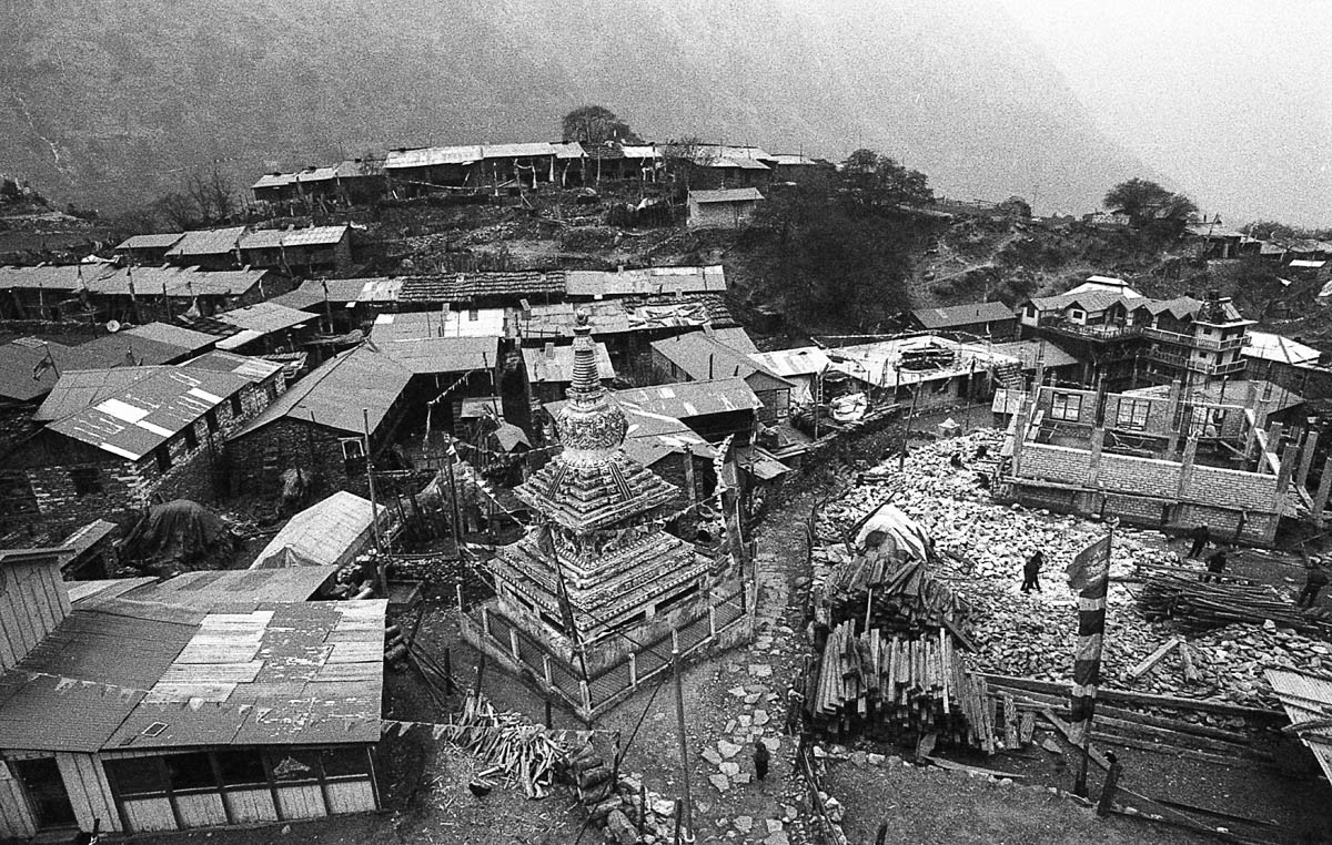 From the rooftop of the highest hotel, the view of the bustling and vibrant Himalayan village of Lho resembles a scene from a real-time strategy game.