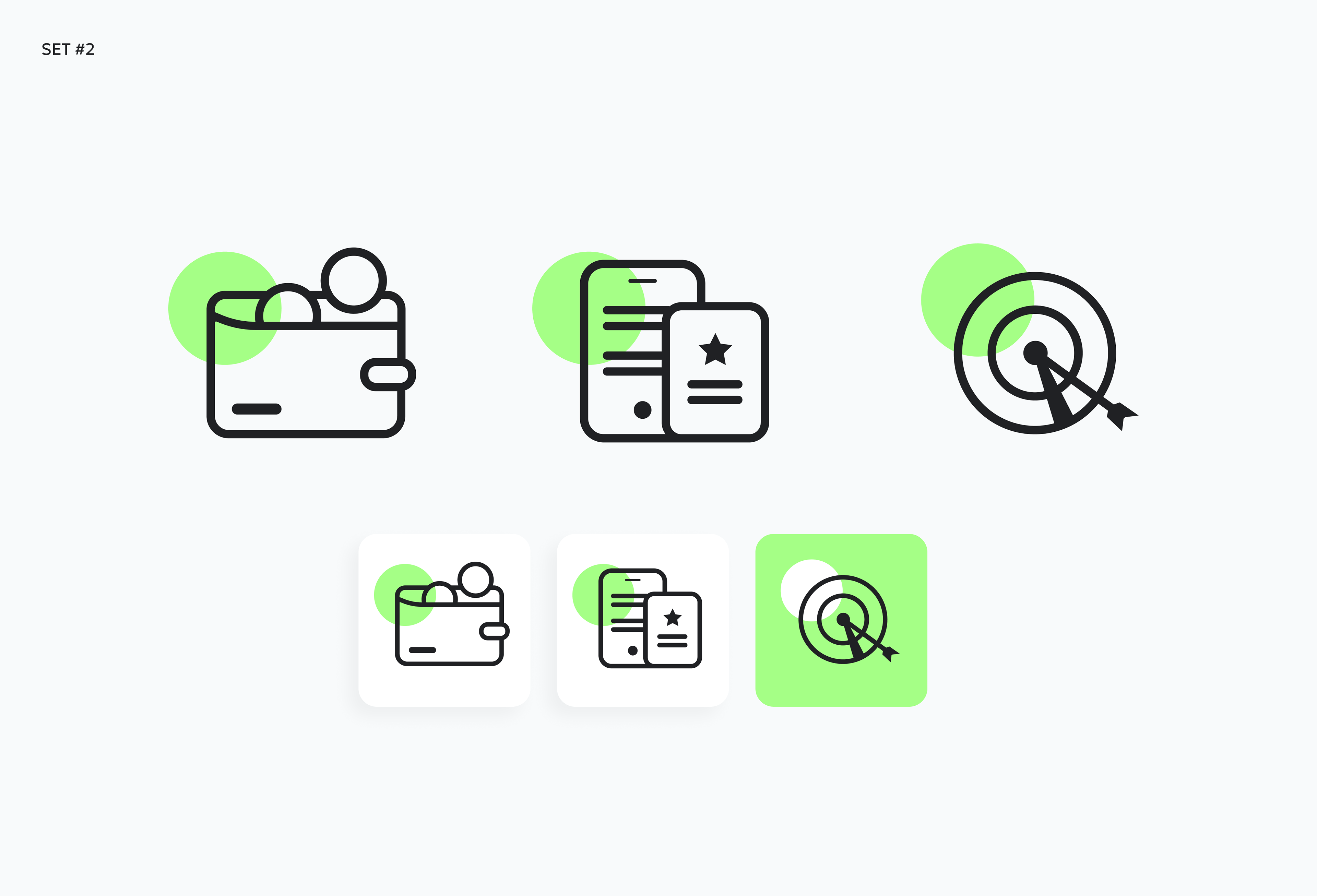 Set number 2 showing 3 icons: a wallet, two devices, a target.