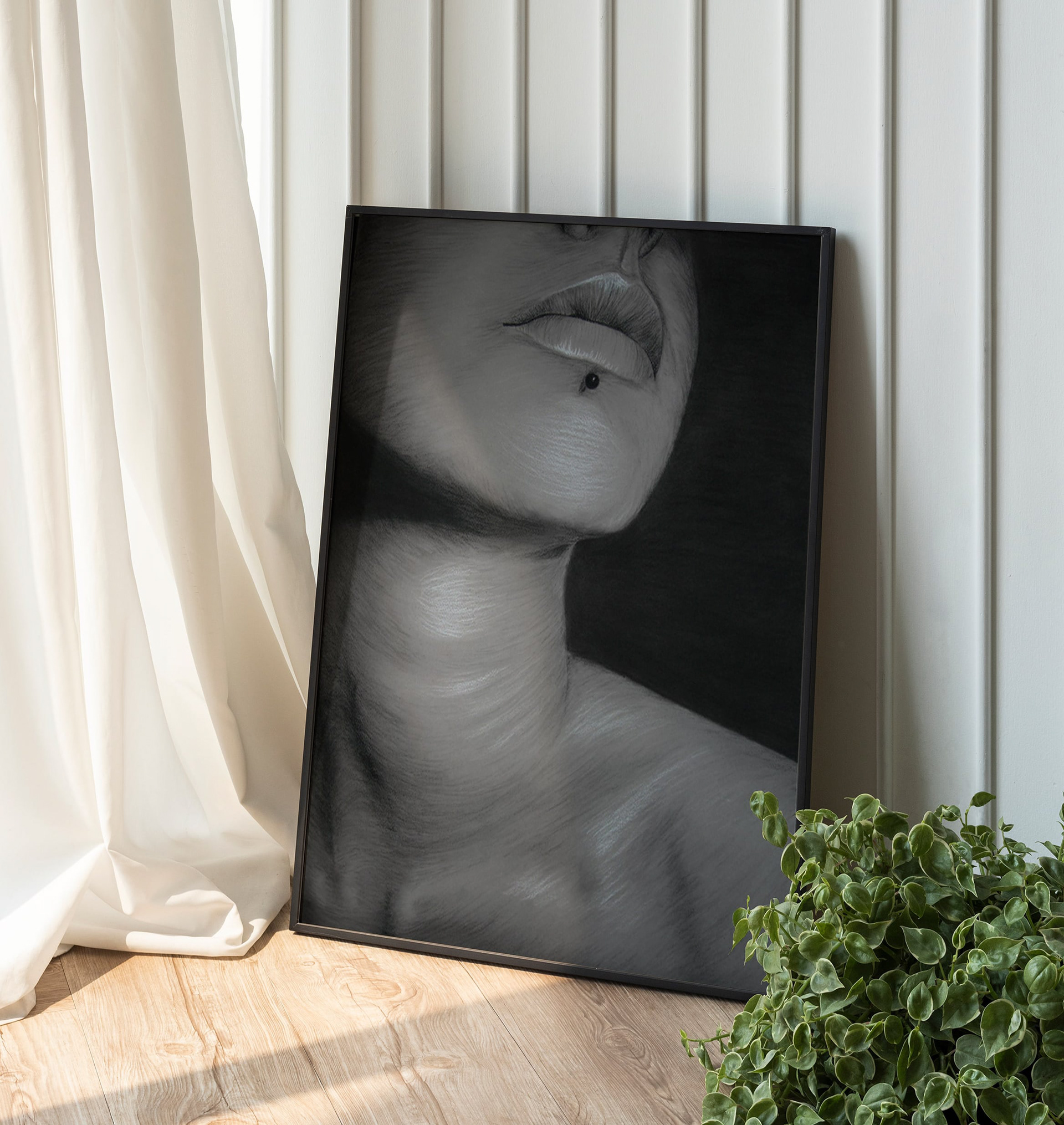 Charcoal drawing of a human neck on grey Canson paper
