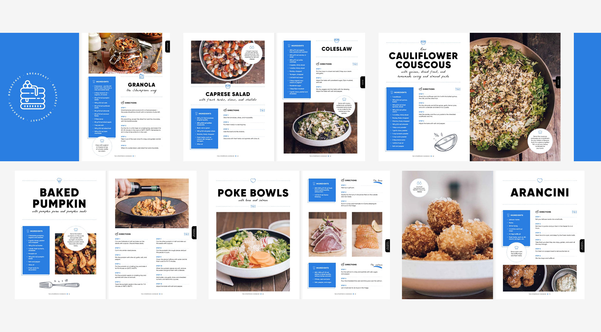 Pages and spreads from the inside of the Cookbook showing different layouts and recipes