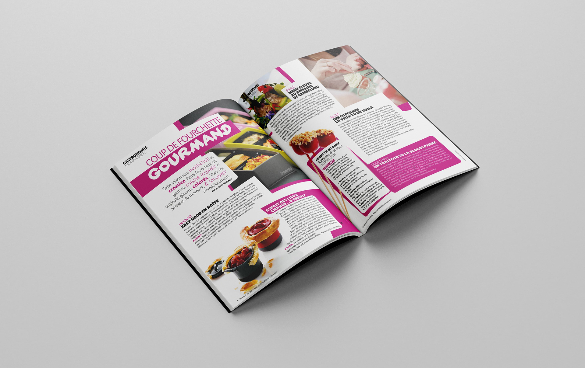 A mockup of the inside of a magazine. The article is dedicated to food such as bento and sweets.