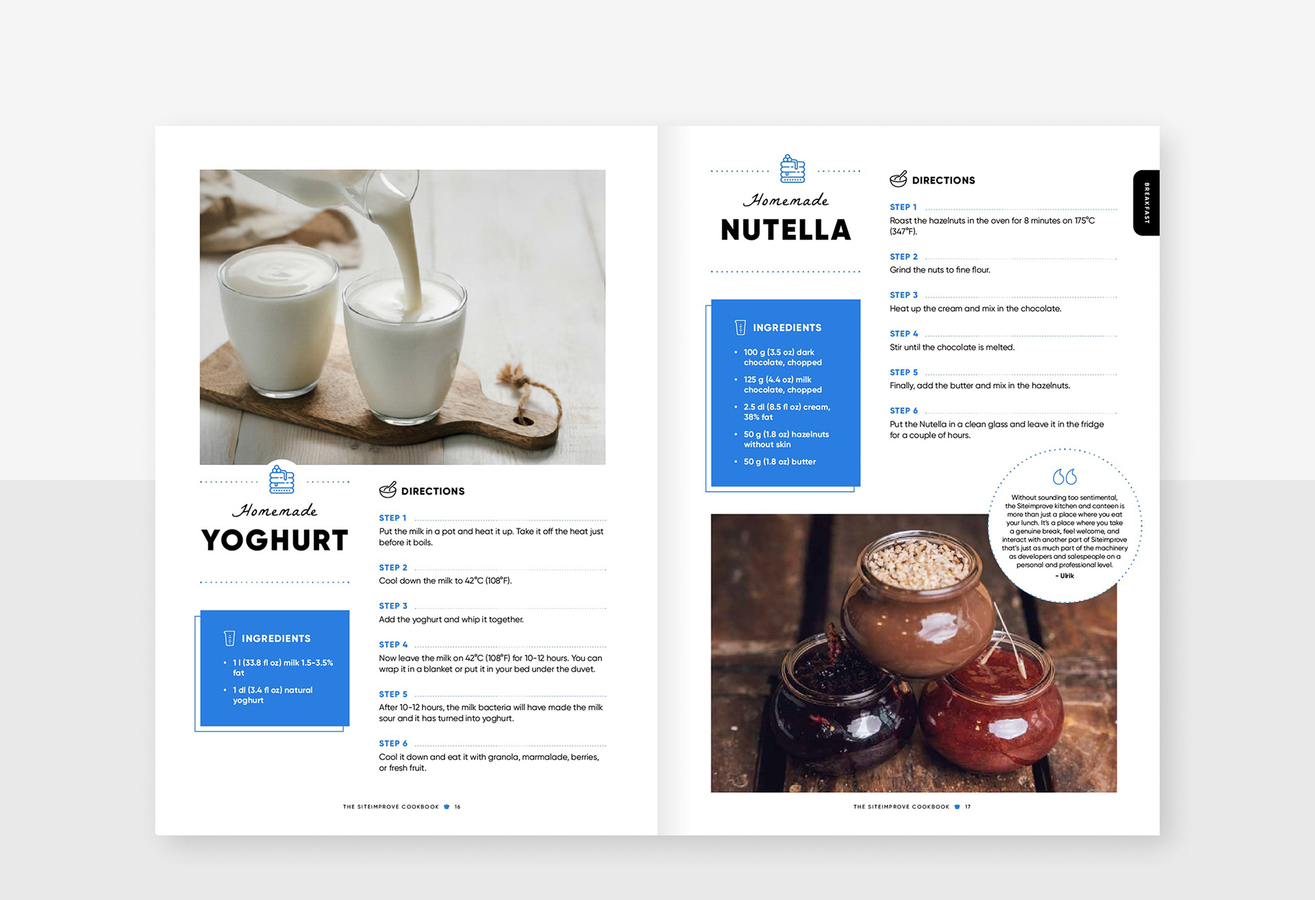 A spread from the cookbook, showing the layout of two recipes: homemade yoghurt and homemade nutella.