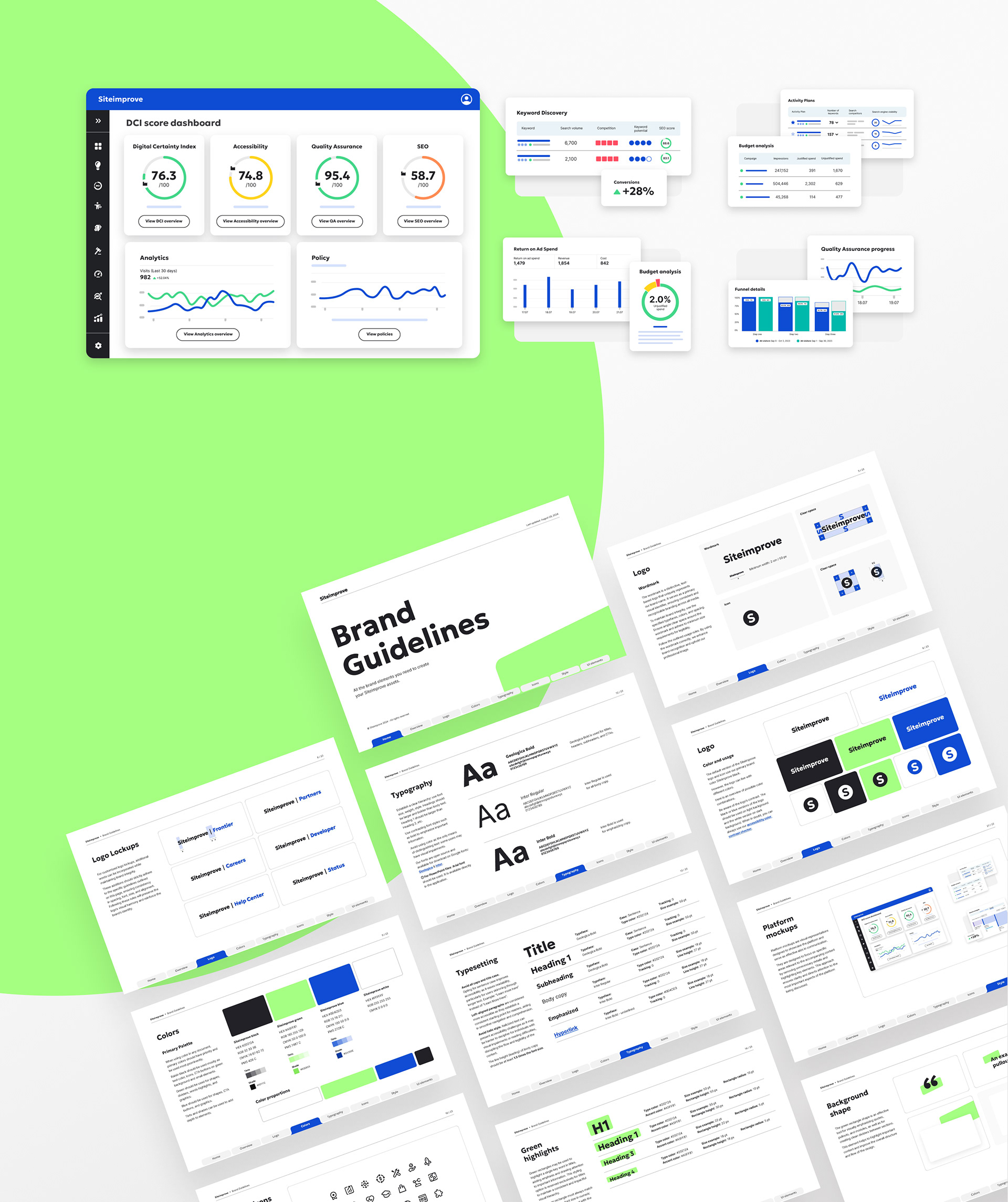 Mockups of the Siteimprove platform and screenshots of the Siteimprove Brand Guidelines