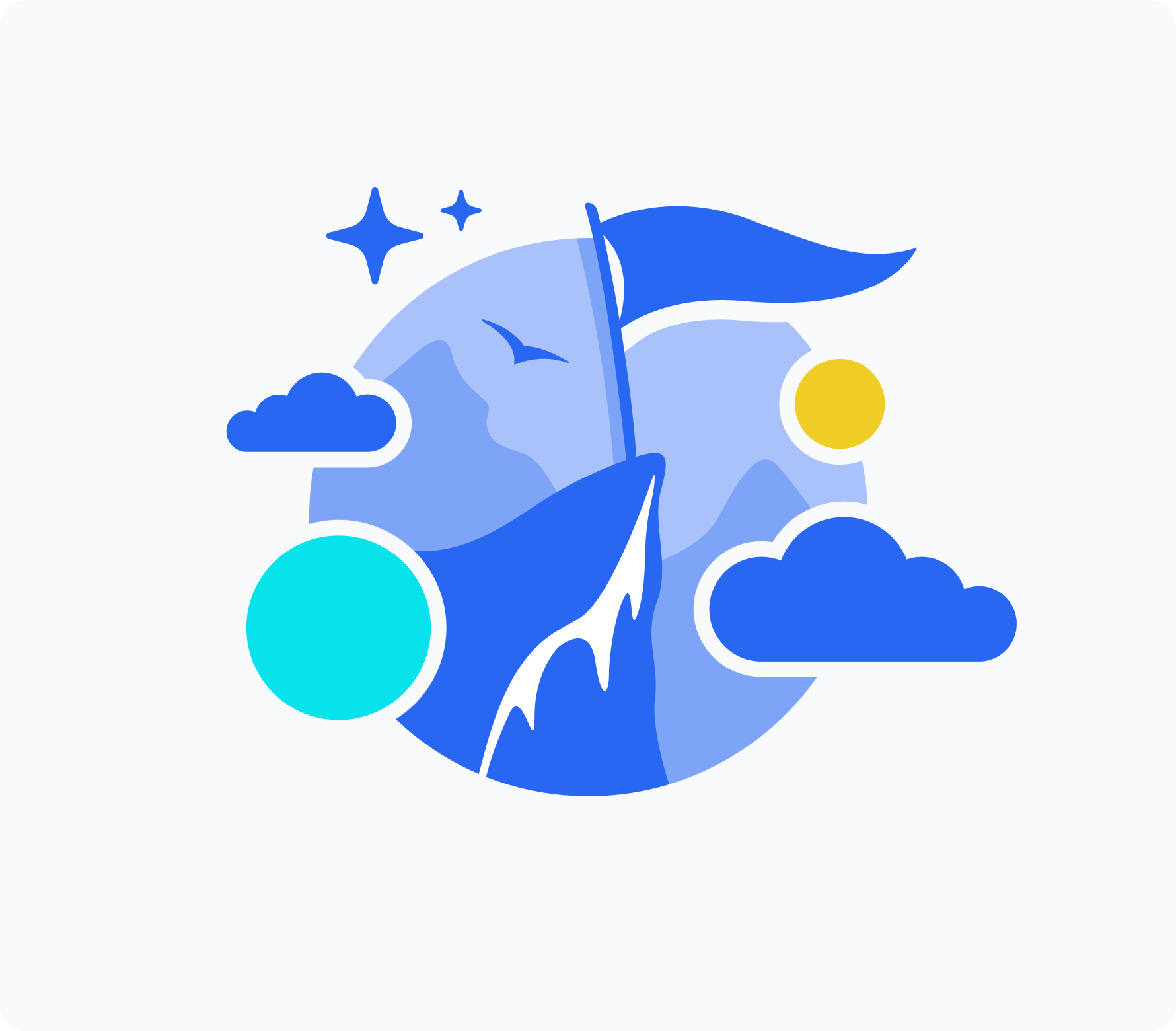 Graphic of a mountain top with a flag and clouds