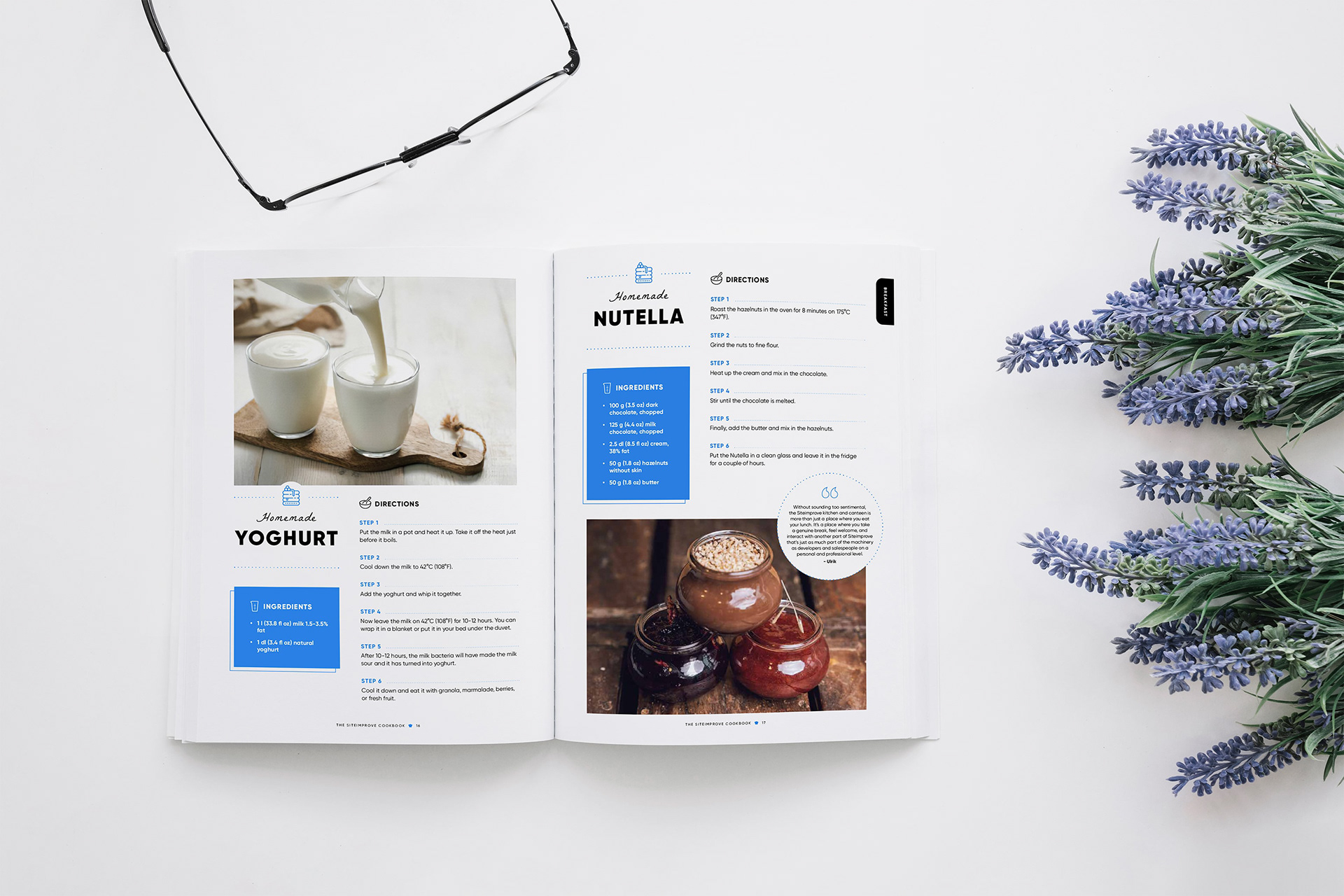 A spread from the cookbook, showing the layout of two recipes: homemade yoghurt and homemade nutella.