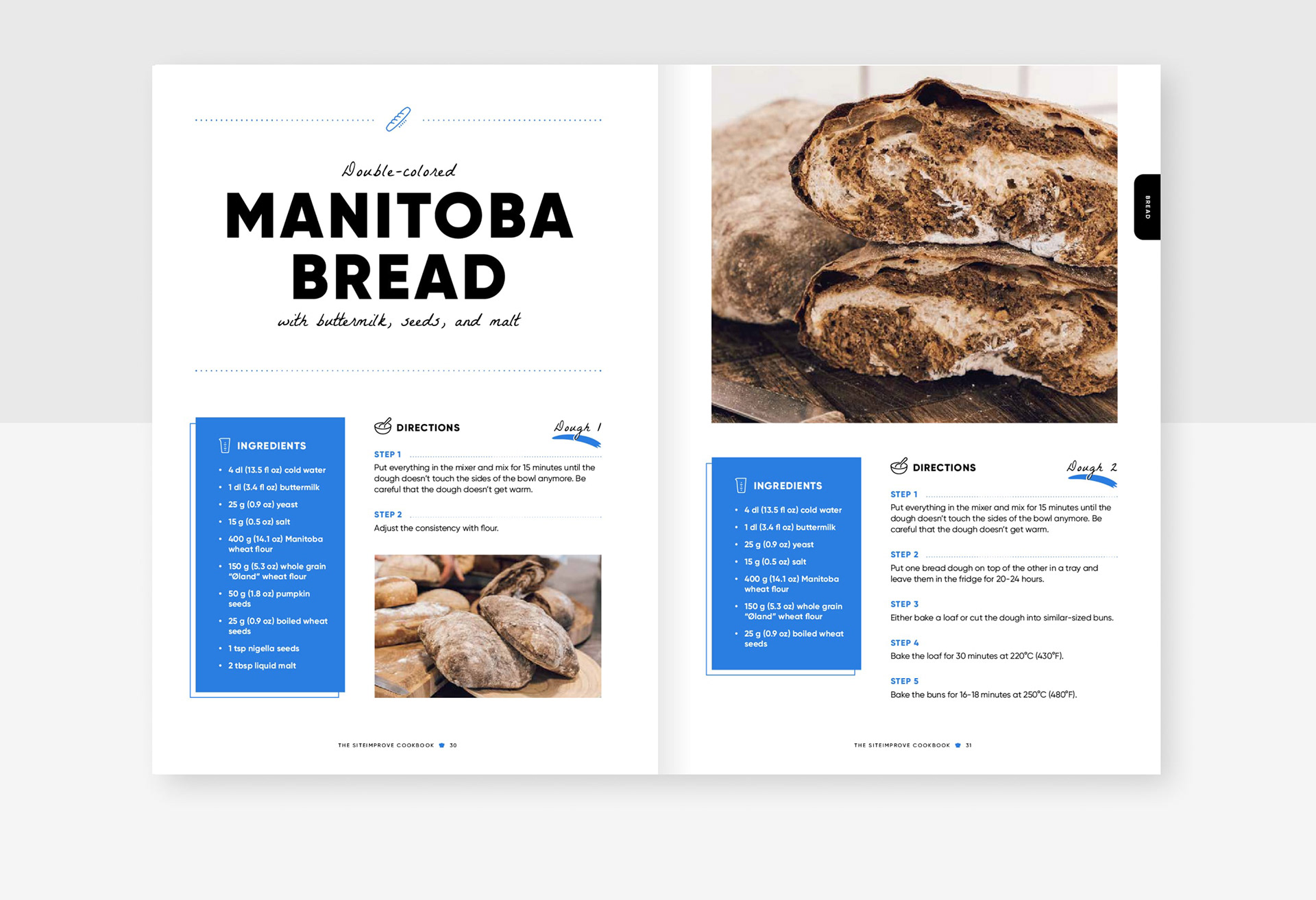 A spread from the cookbook, showing the layout of the Manitoba bread recipe
