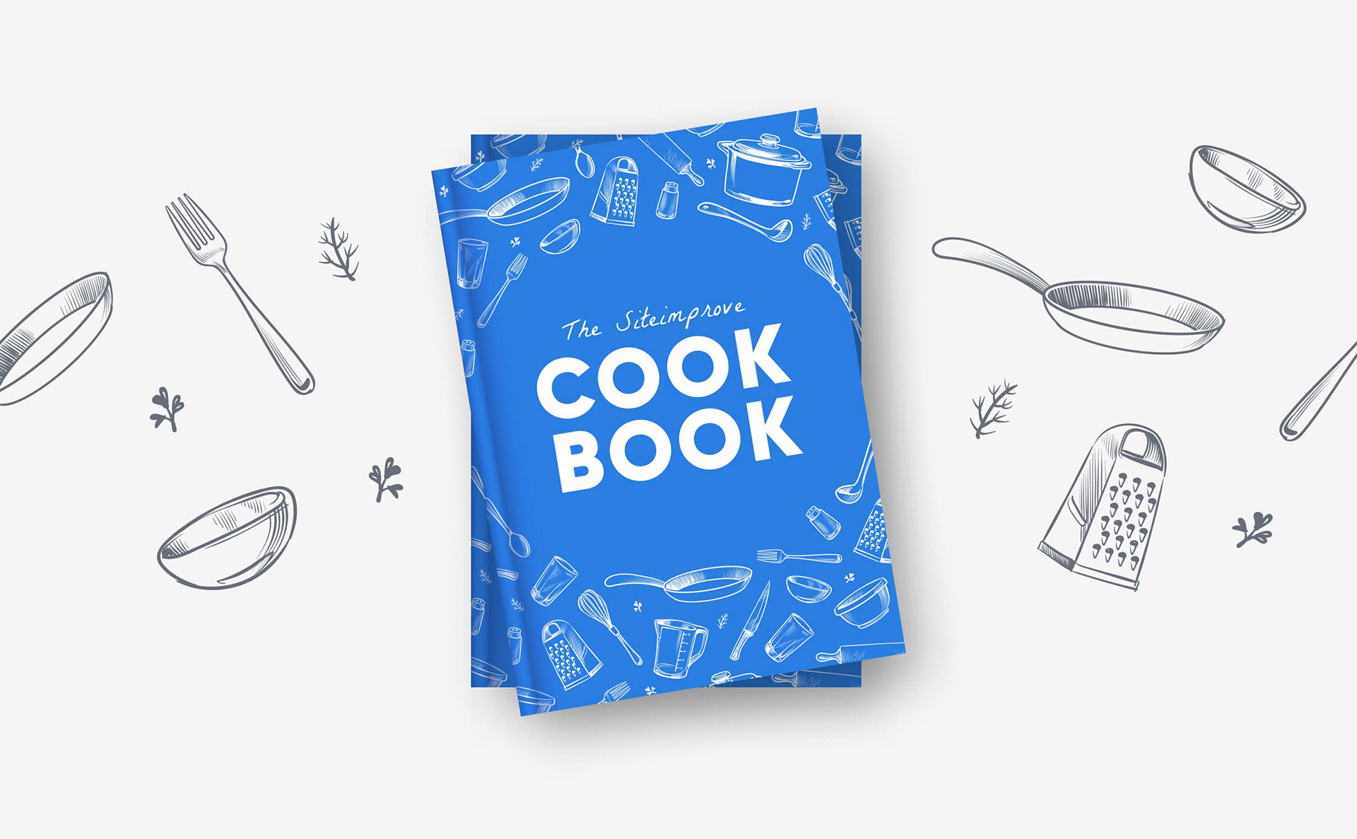 Two Siteimprove cookbooks surrounded by kitchen utensils illustrations