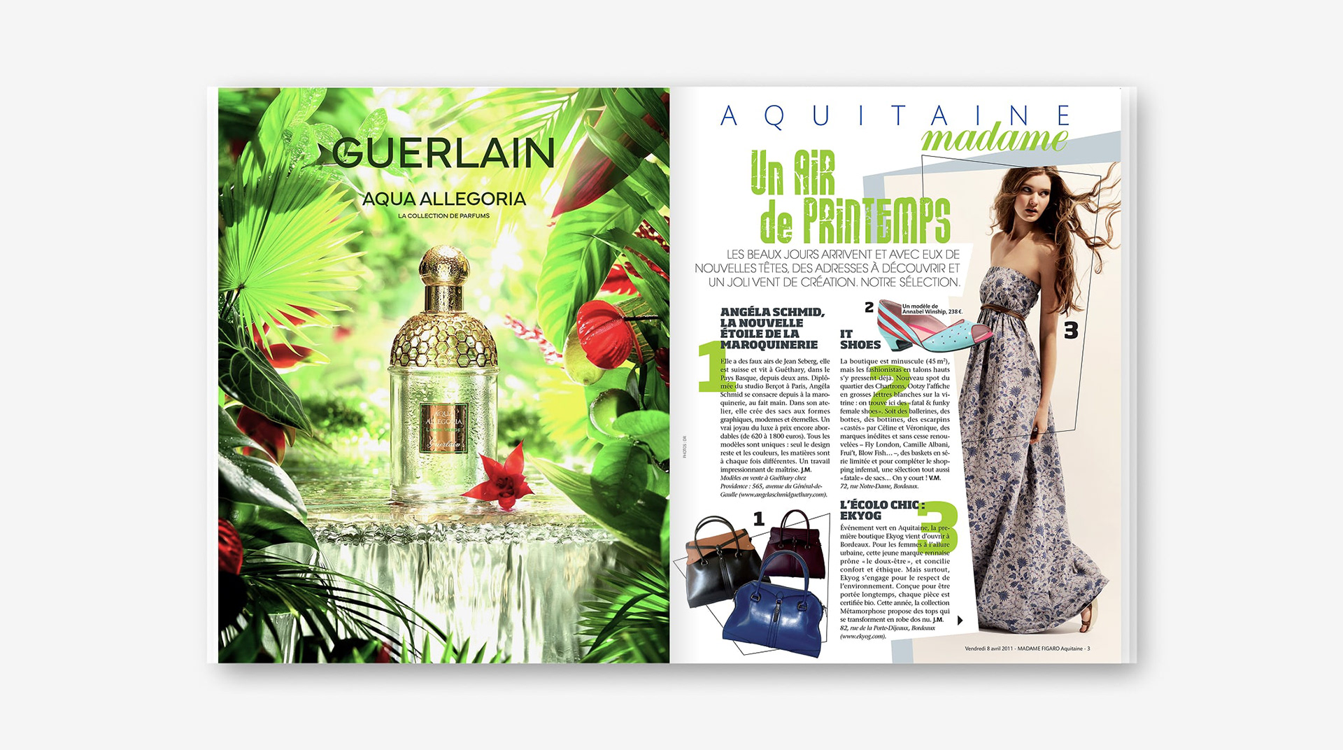 An opened magazine, with an article about shopping items for spring