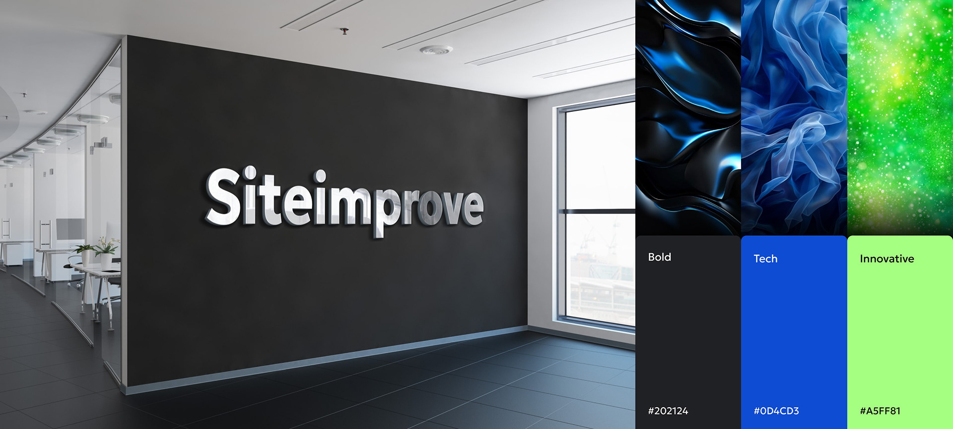 The Siteimprove logo on an office wall. The three brand colors, each representing a value: boldness, tech, innovation