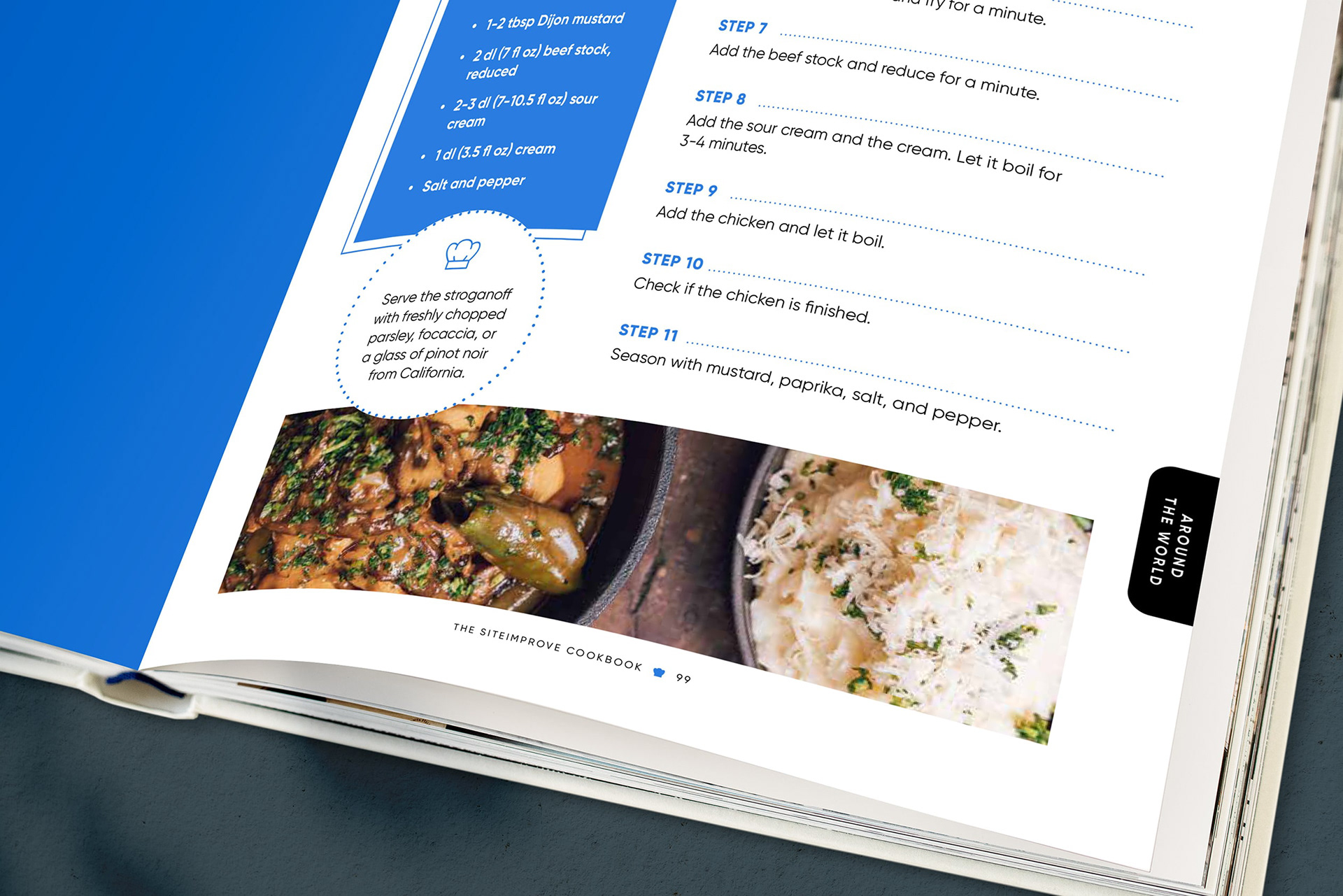 A close up of a page in the cookbook showing the recipe's steps, a picture of the dish and a blurb with a chef's tip