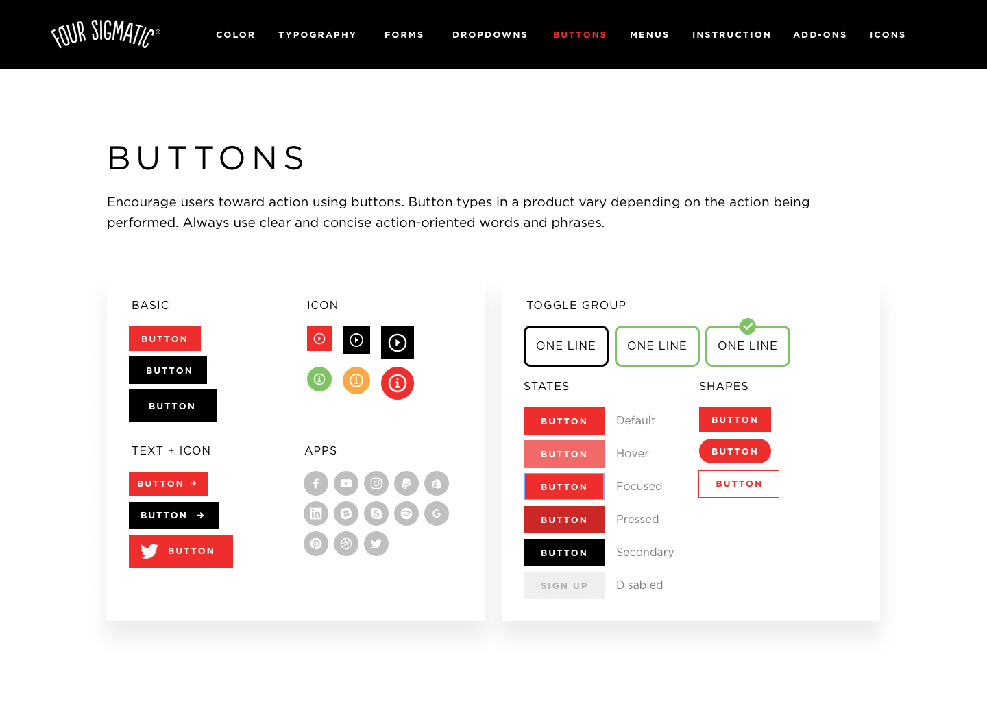 Four Sigmatic Style Guide buttons