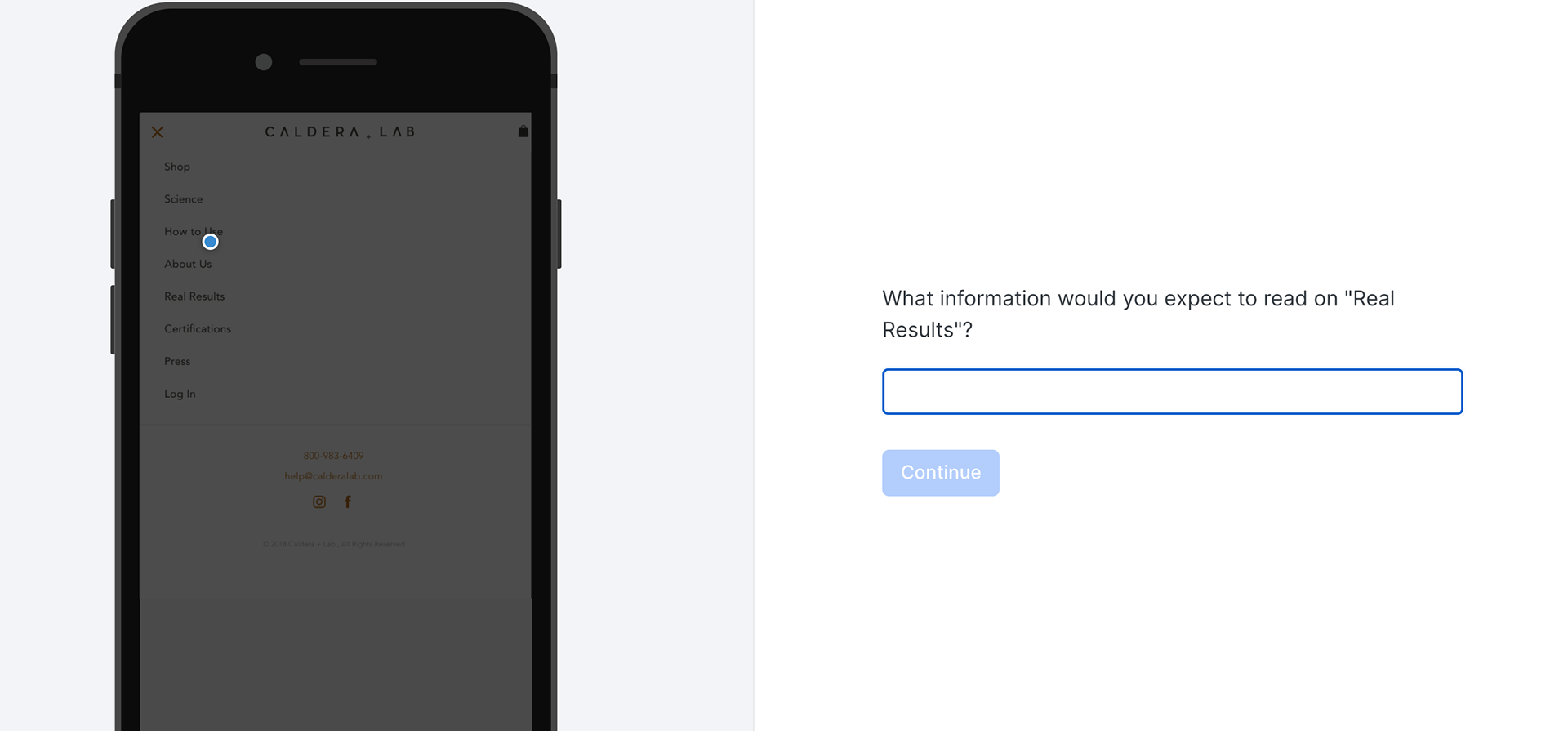 Usability test question asking the user what information they would see on "Real Results"