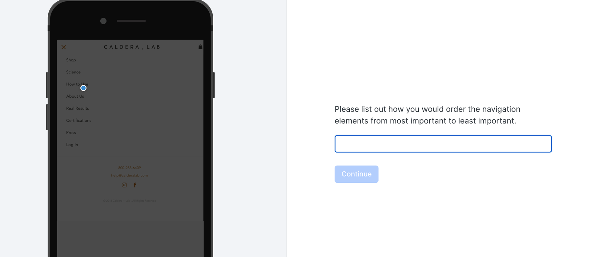 Usability test question asking the user to order the navigation elements