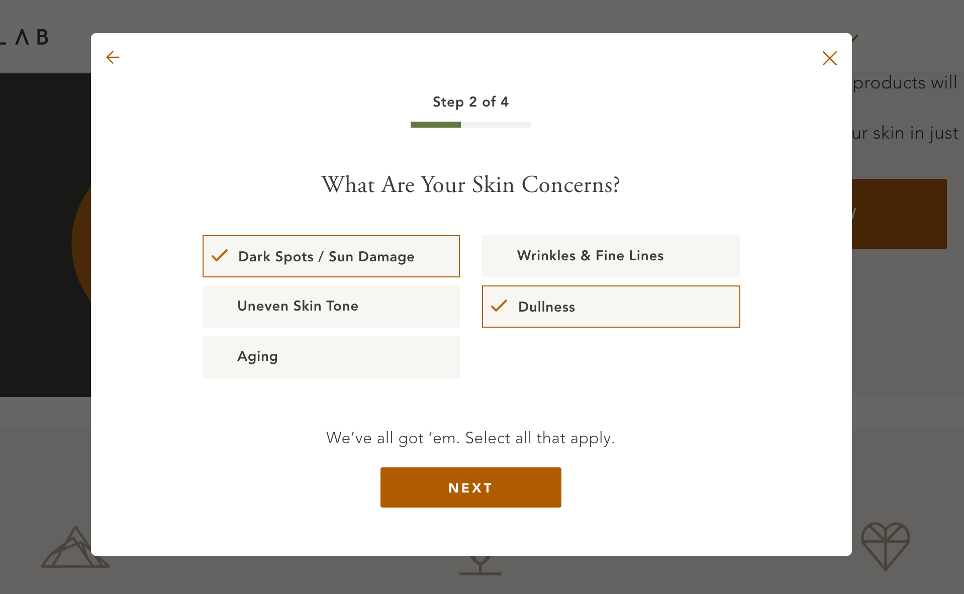 Screenshots from skincare quiz