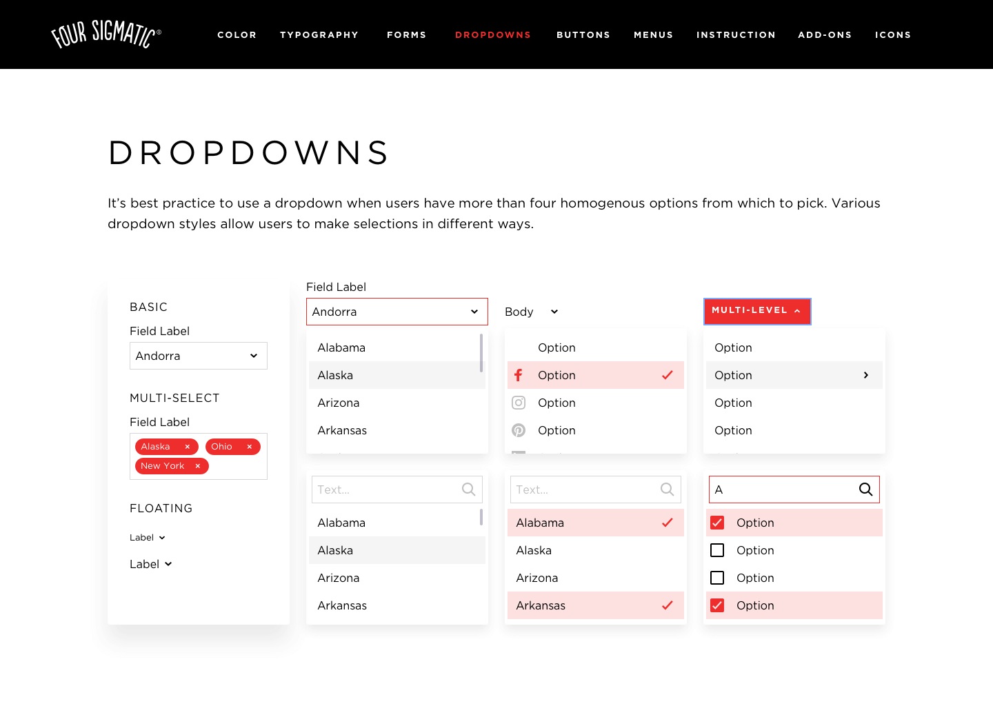 Four Sigmatic Style Guide dropdowns
