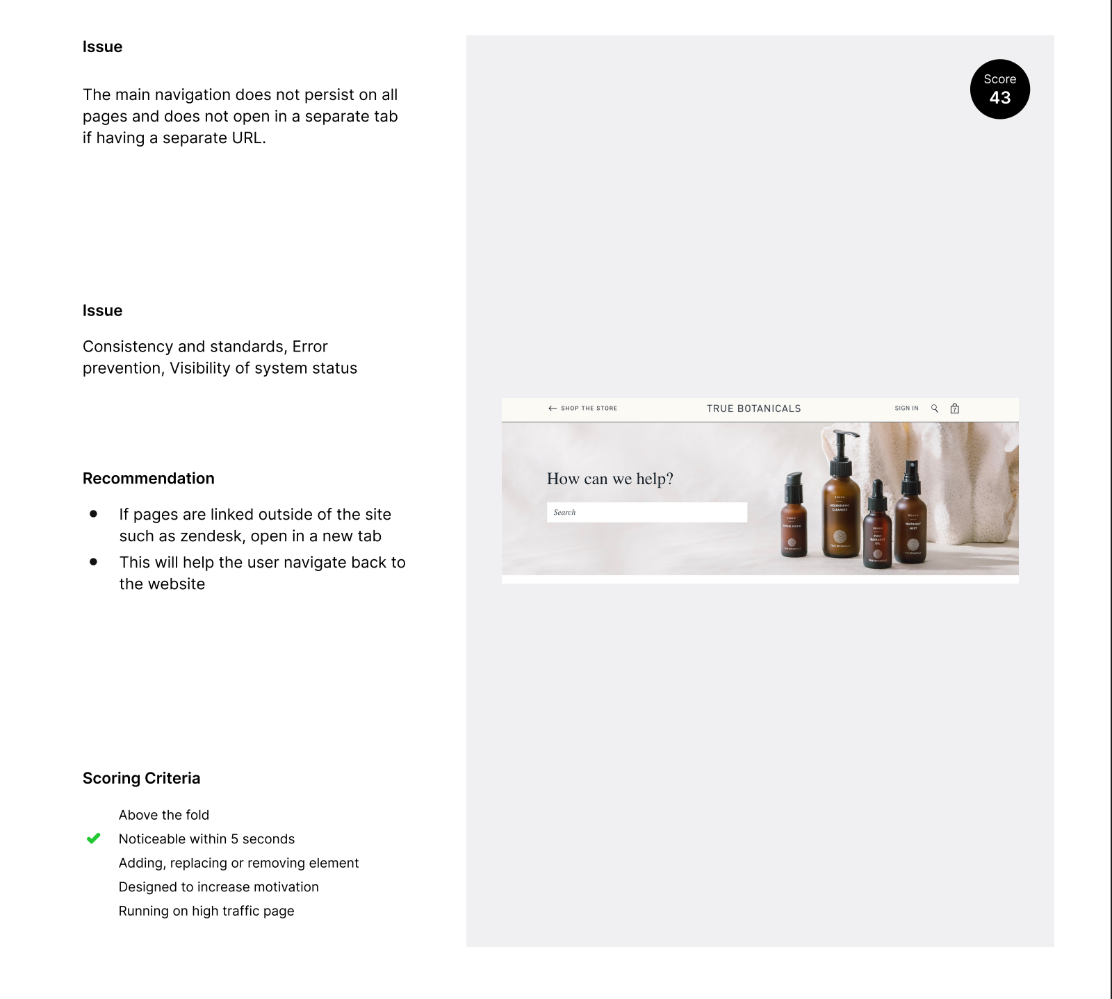 True Botanicals Heuristic Analysis screen