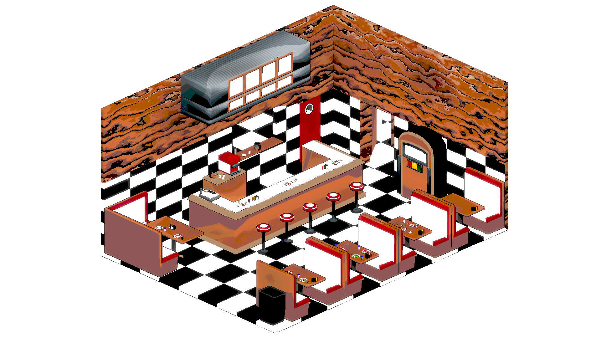 An orthographic view of a diner where I modeled every item myself