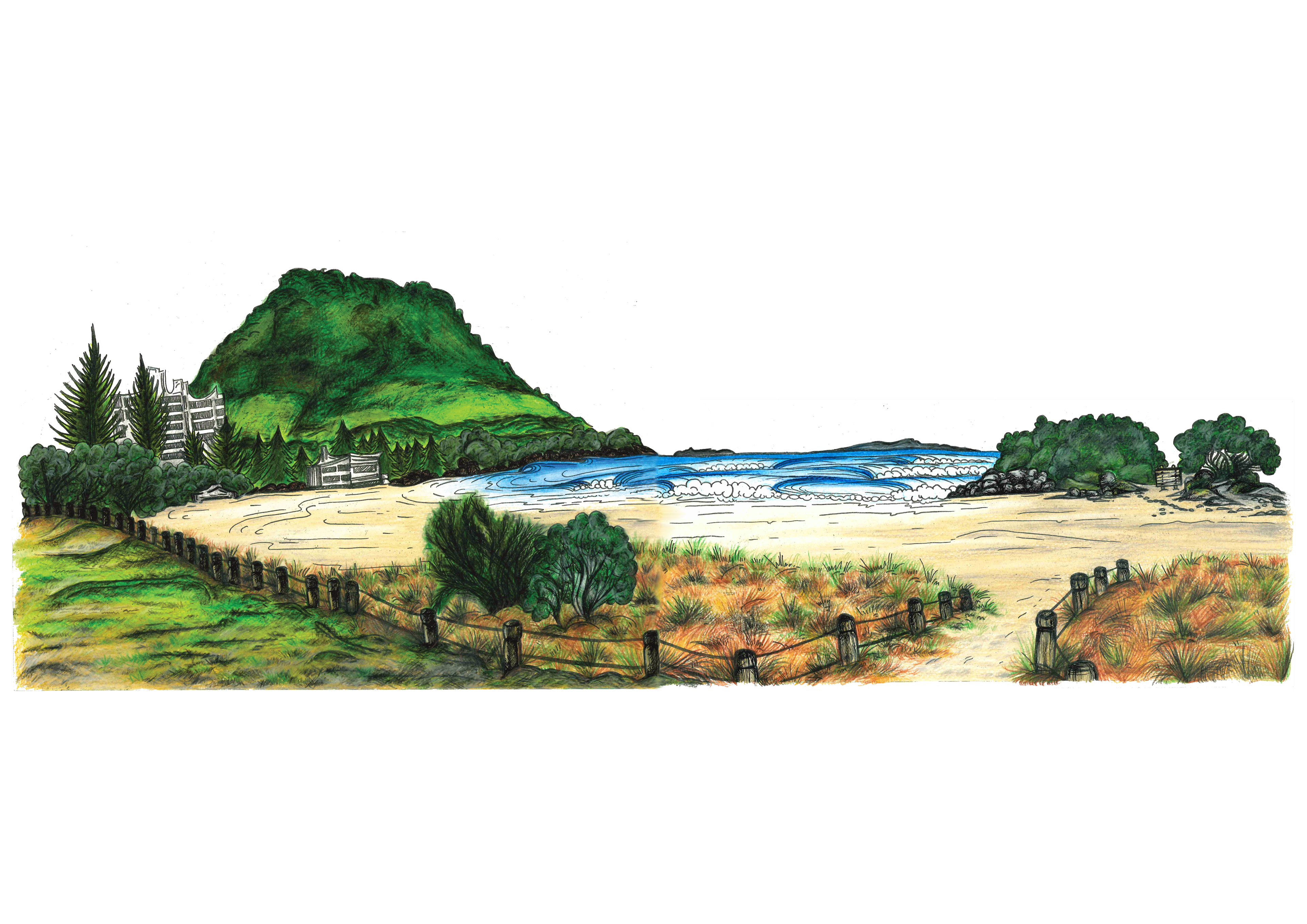 MMaunganui & Main Beach, Colour pencils on paper, 2019