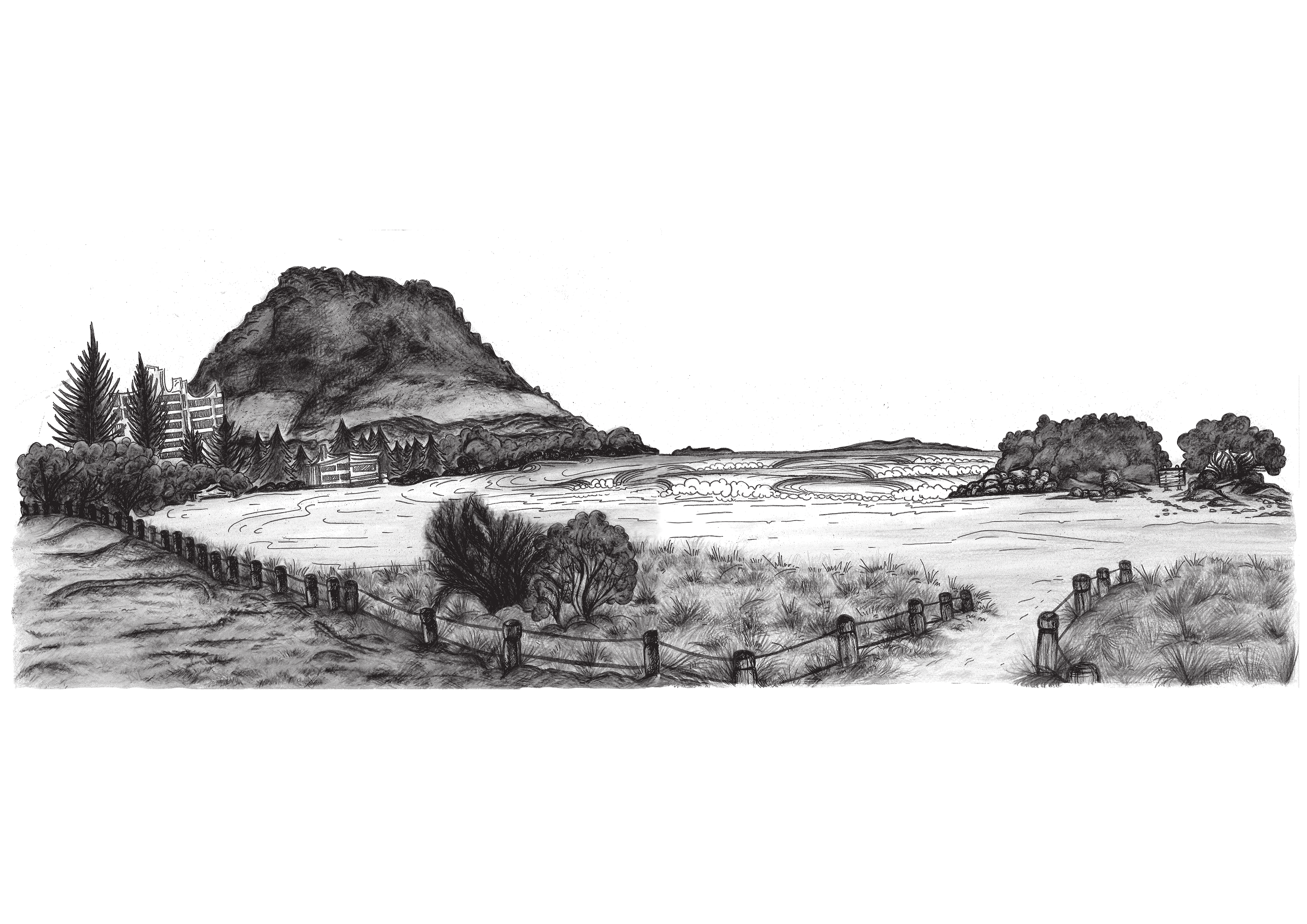 MMaunganui & Main Beach B&W, Pencil on paper, 2019