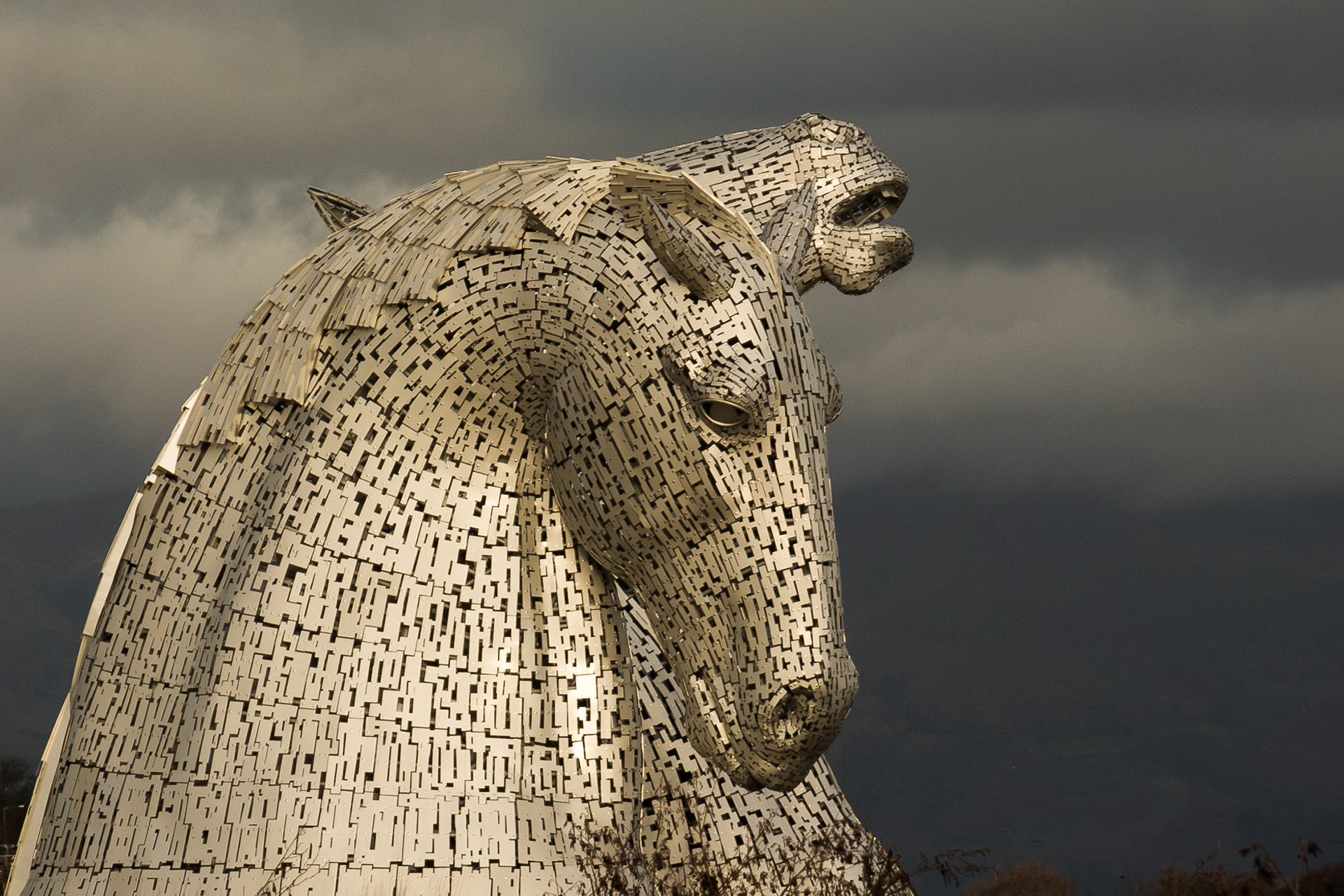 A split toned image of the iconic Kelpies at Falkirk, Scotland