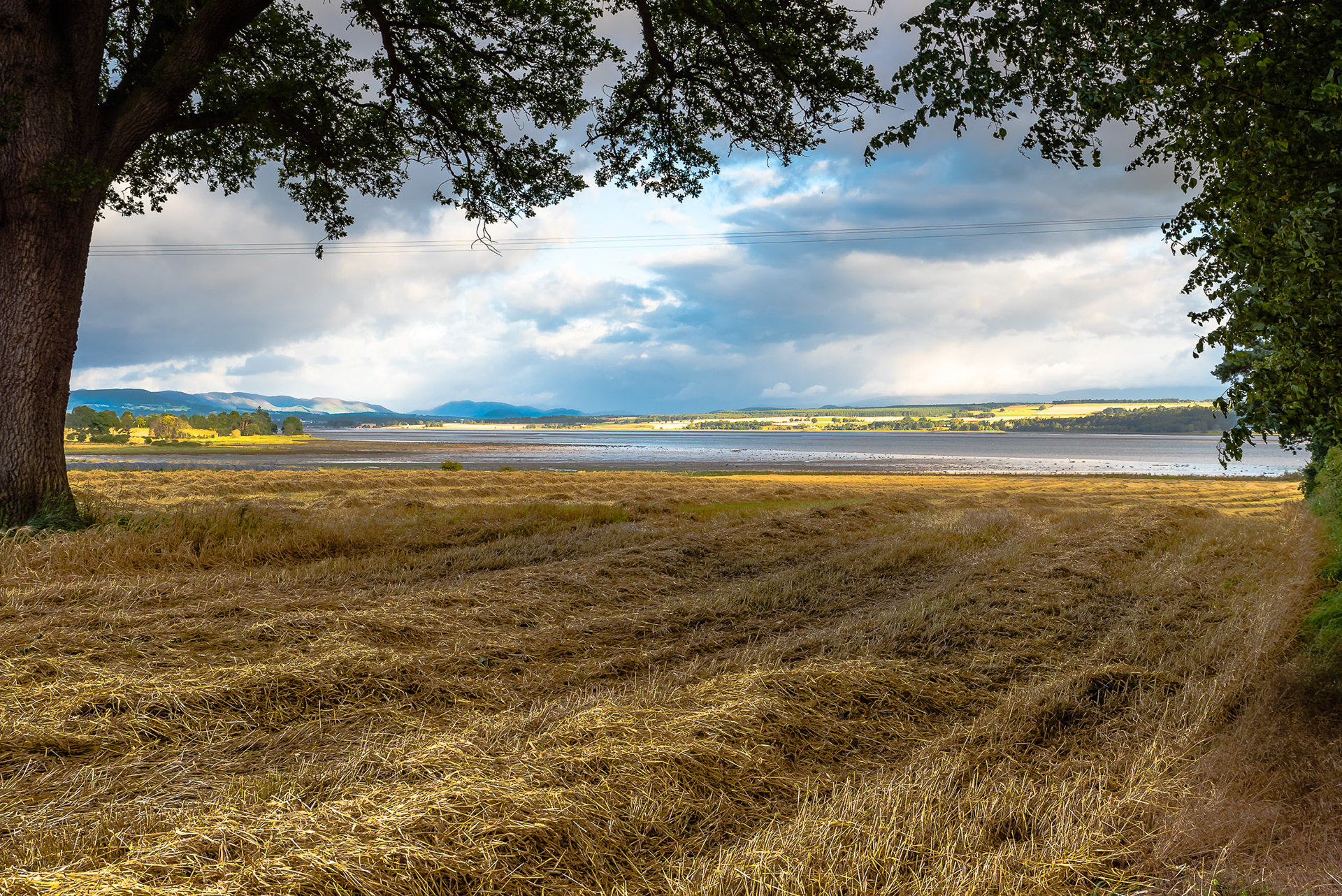 A pastoral view over a harvested wheat field with the straw waiting to be baled, and the view out across the Beauly Firth and the Black Isle, Scottish Highlands