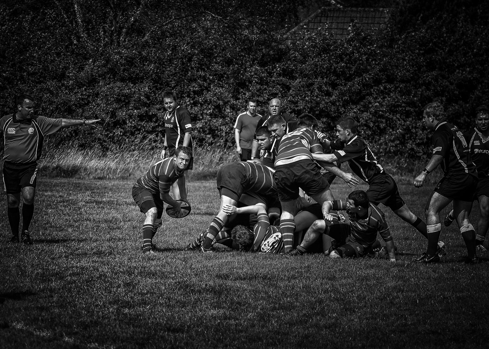 A black and white image of a rugby union scrum breaking down as the Scrum Half sets to pass the ball
