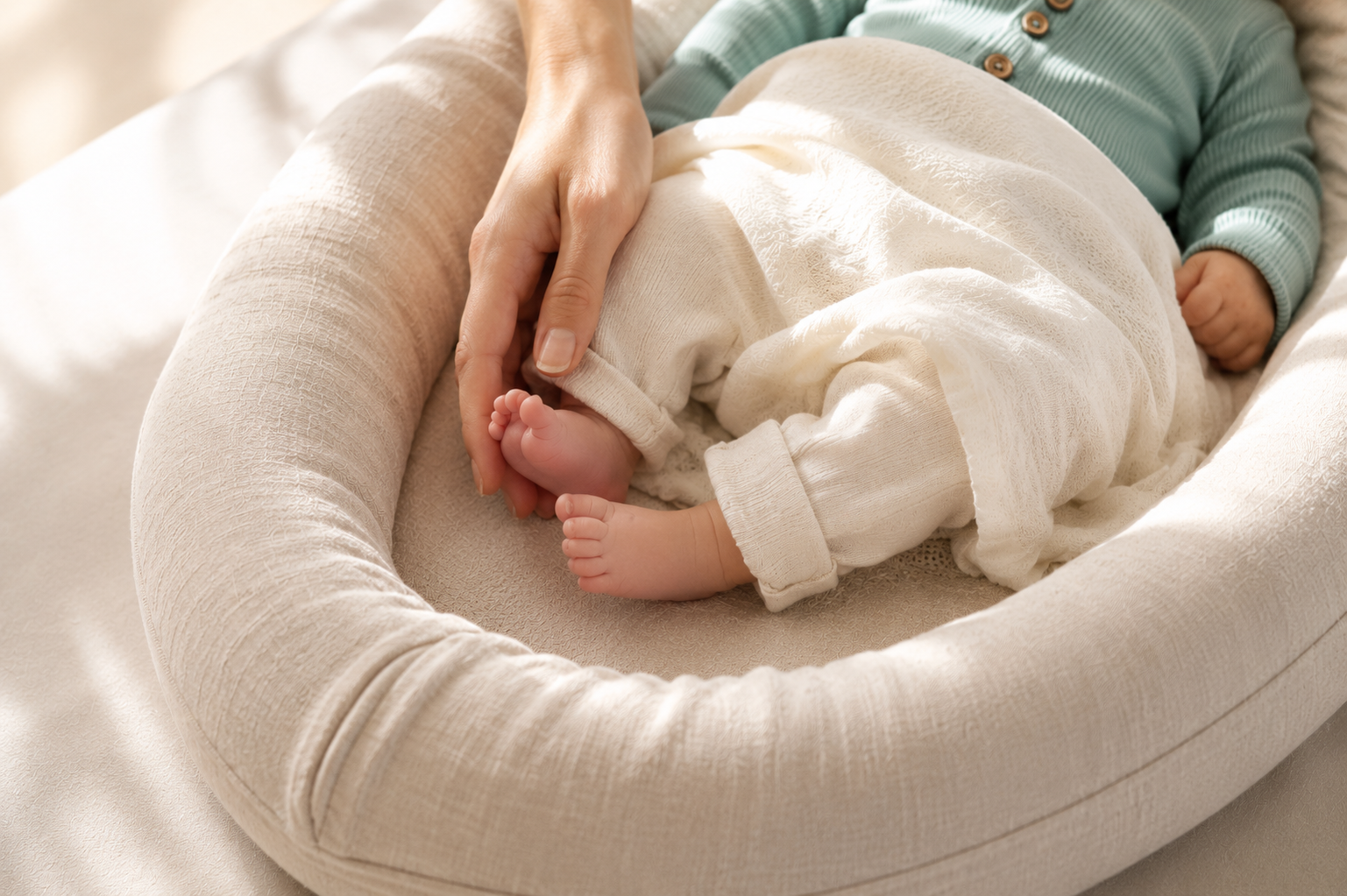 neonato in sdraietta ergonomica vicino al tavolo della cucina