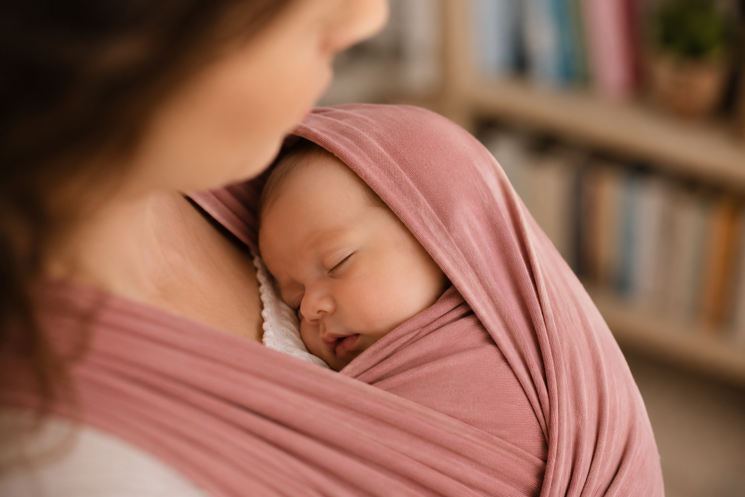 neonato addormentato in fascia portabebè rosa polvere