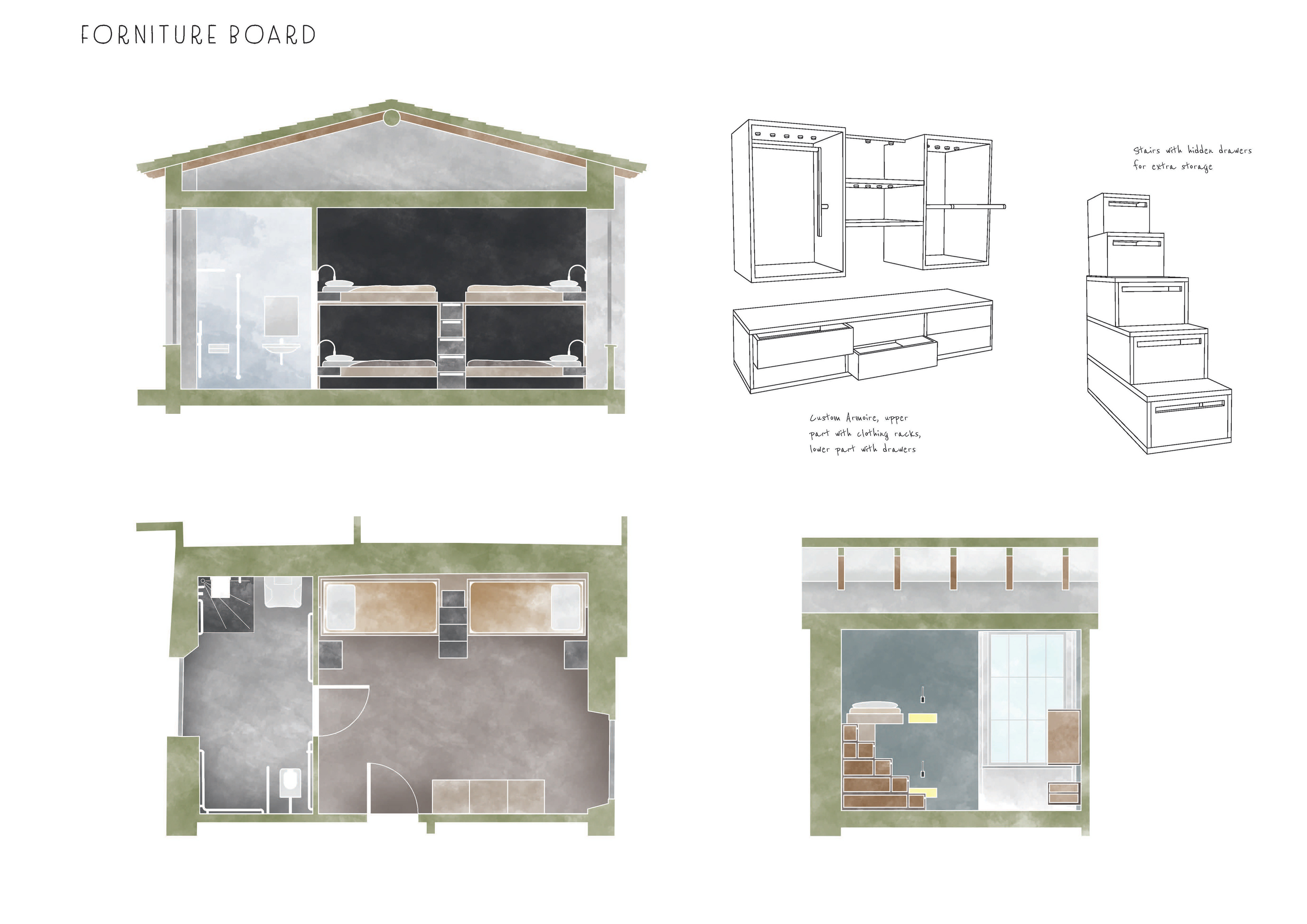 Technical Drawings Layout 1 Quadrouple Room with Custom Made Furniture