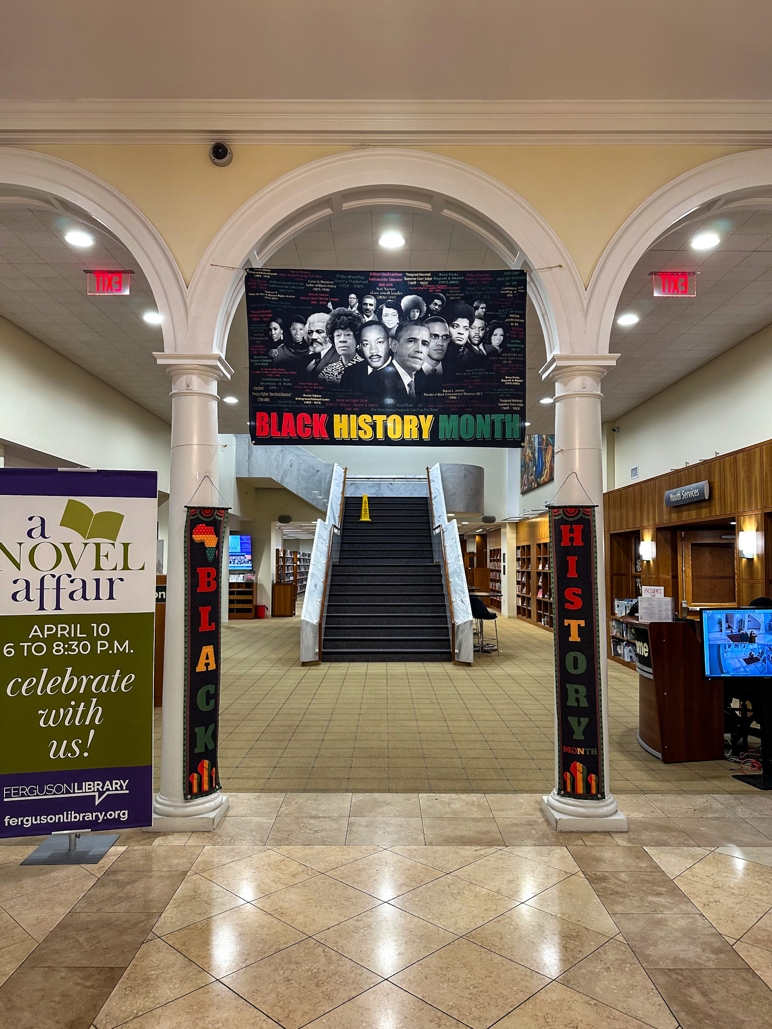 Stamford, CT, US - Feb 13, 2025: Public library Black History Month display